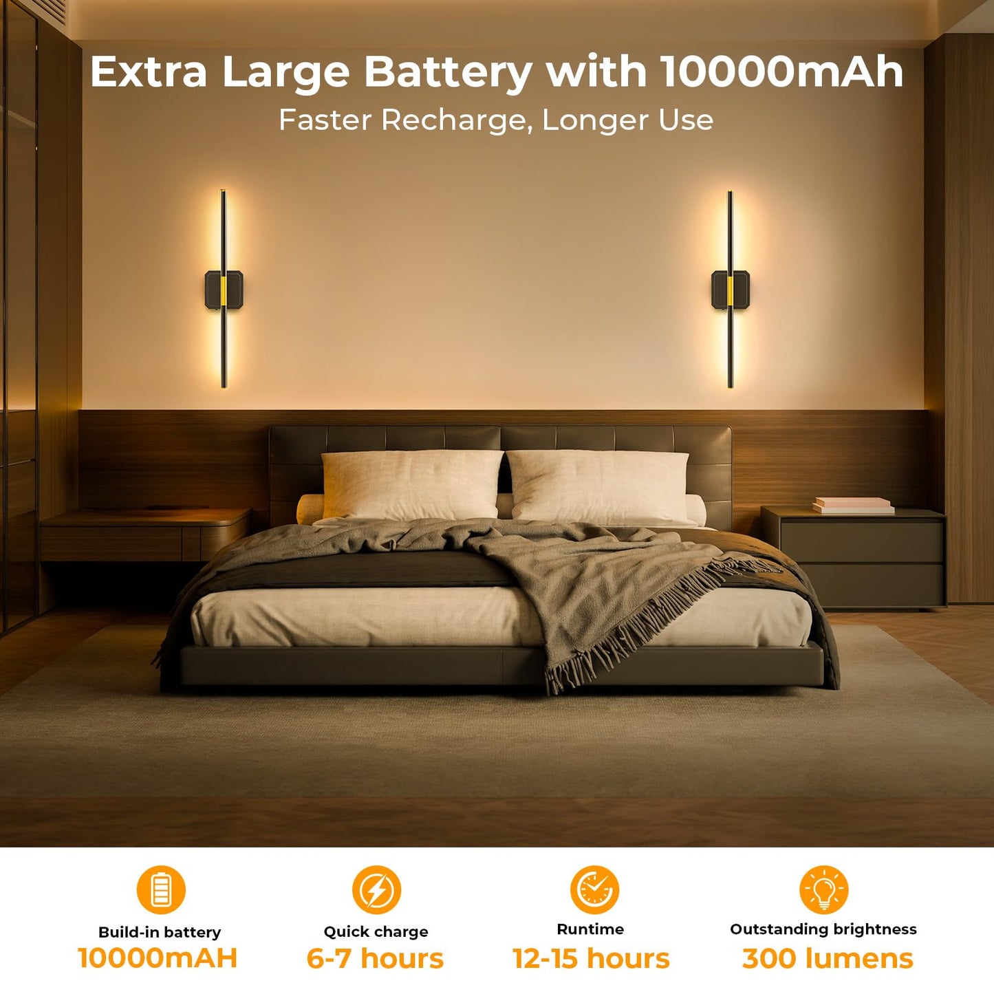 GvvooHome Battery Operated Wall Sconces Set of 2, Detachable 360°Rotate Wall Lamps, 3000-6500K Dimmable with Remote Control, 10000mAh Rechargeable Wall Light for Bedroom, Living Room, 28.3" Black Gold
