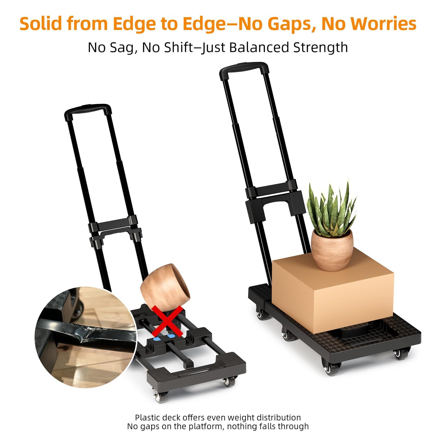 TROOZY Dolly Cart with 6 Wheels 440lbs, Folding Hand Truck with Upright Lock and 2 Elastic Straps, Extendable Heavy Duty Utility Cart for Luggage, Airport, Office & Dorm, Carrito de Carga