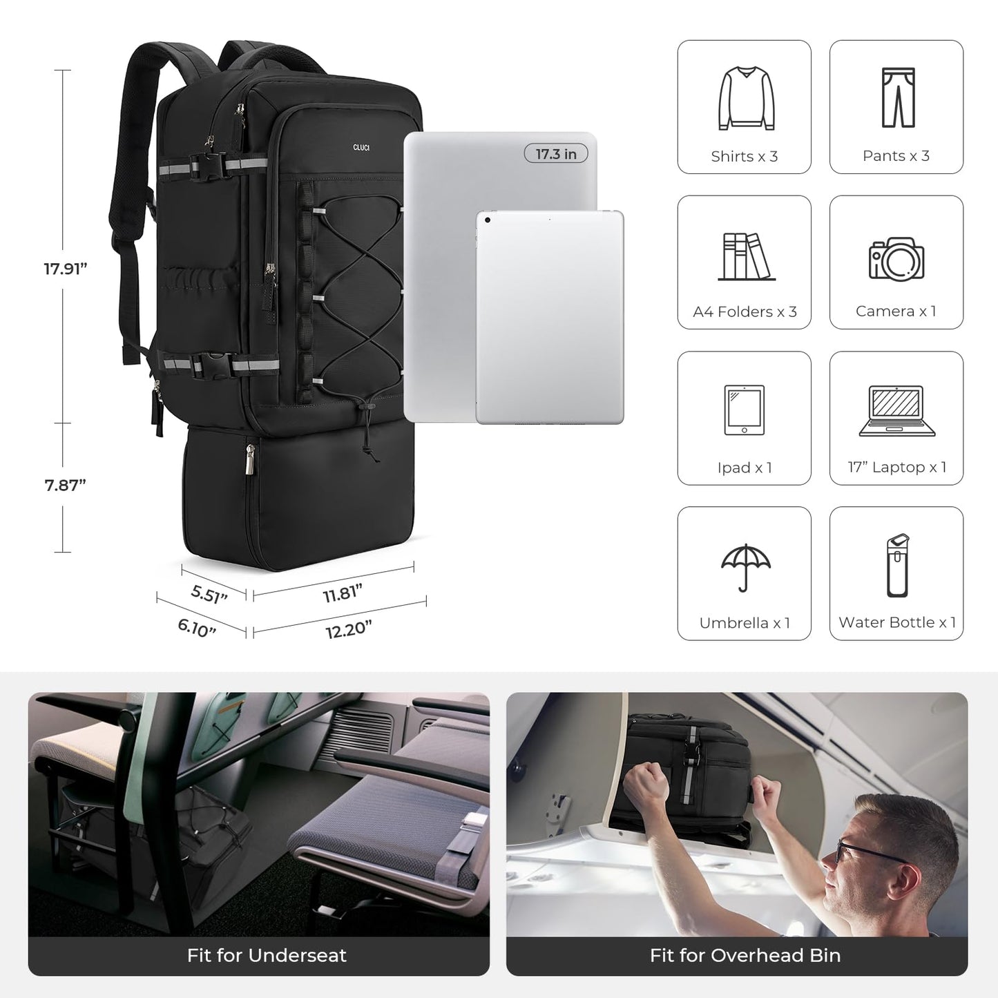 CLUCI Travel Backpack 30L, Waterproof Laptop Backpack Fits 17.3 Inch Laptop, Carry On Backpack with shoe compartment, Durable Expandable Go Bag, Large Hiking Backpack for Men Women（Black）