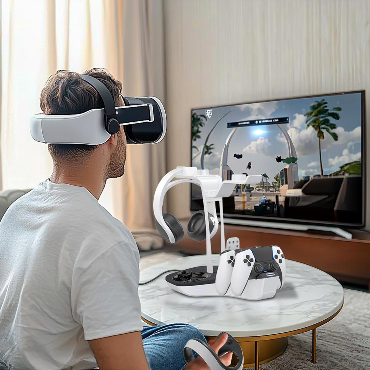 4-in-1 Controller Charging Station for PSVR2 and PS5, Dual Charging Dock with VR Headset Display Holder and Headphone Rack, LED-Charging Indicator, AC Power Adapter, RGB Lights, 3 Magnetic Connector