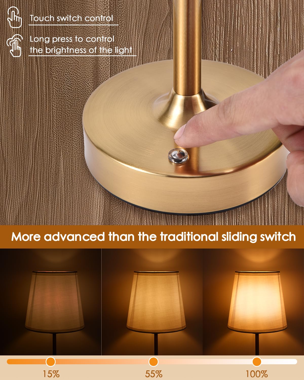 Cordless Table Lamps Rechargeable Wireless Touch Lamp for Living Room 5200mAh Battery Operated Lamp Small Gold LED Lamps for Kitchen Counter Home Bathroom Nightstand Shower Gifts for Dad Mom