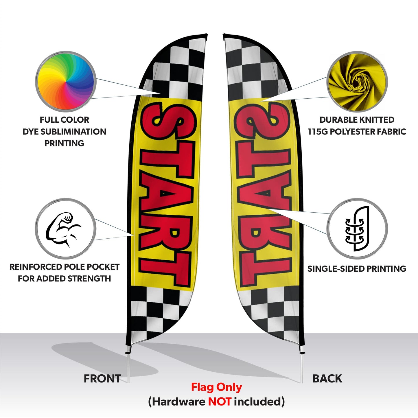 LookOurWay Marathon Event Race Themed Feather Flag Bundle 3-Pack - 12 Feet Tall Advertising Flag Banner for Race Events Promotion - Swooper Flag Attachments Only, No Poles (Start, Finish, Check-In)