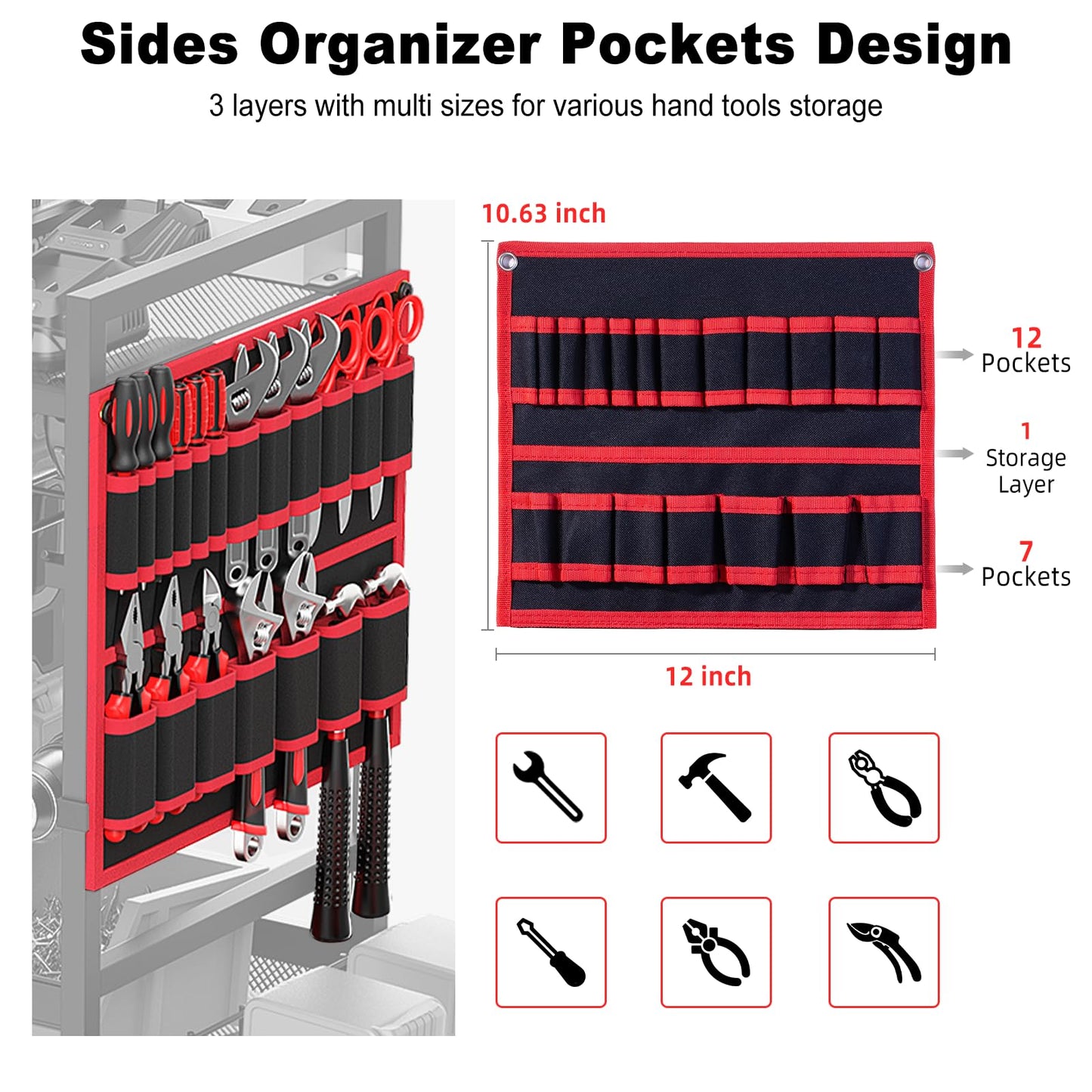 JUNNUJ Garage Large Power Tool Organizer Cart with 20A Charing Station, Heavy Duty Drill and Tools Battery Holder Storage Rack, Floor Standing Rolling Tool Cart on Wheels, Red