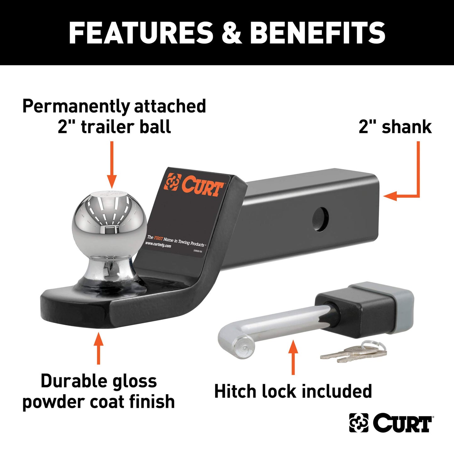 CURT 45141 Trailer Hitch Mount, 2-Inch Ball, Lock, Fits 2-In Receiver, 7,500 lbs, 2" Drop