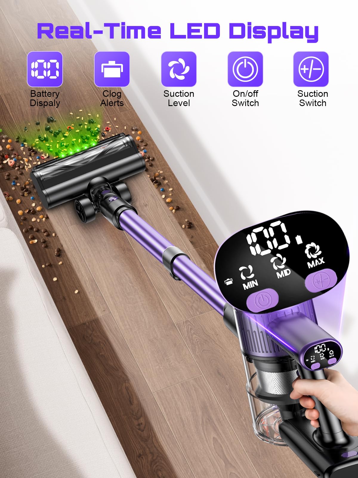 OIRFND Cordless Vacuum Cleaner, 10 in 1 Stick Vacuum with Powerful Suction, Hose, Green LED Light, Anti-Tangle Brush, Lightweight Rechargeable Vacuum Cleaner for Home, Hardwood Floors, Carpets