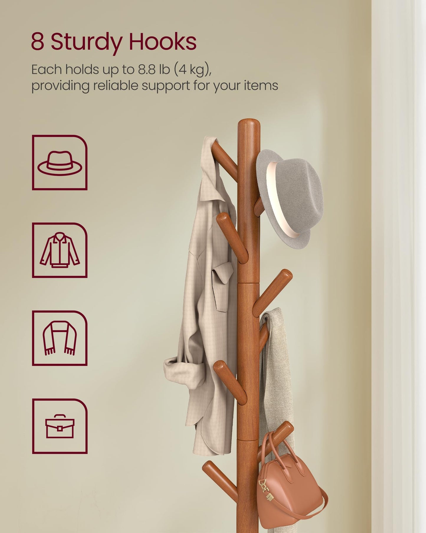 VASAGLE Coat Rack, Free Standing Coat Stand, Hall Coat Tree with 8 Hooks and Storage Shelf, 69.2 Inch Tall, for Coats, Hats, Bags, for Entryway, Hallway, Bedroom, Caramel Brown URCR033K01