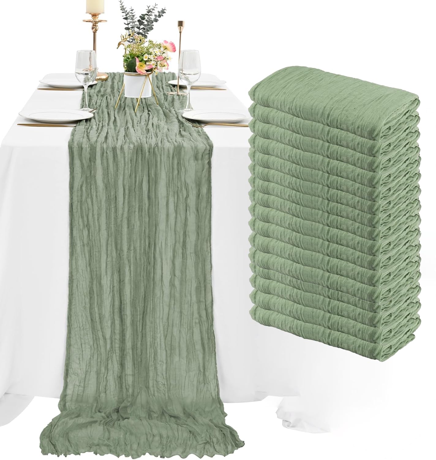 16 Pack Sage Green Cheesecloth Table Runner 10FT Boho Gauze Cheese Cloth Table Runner Long Rustic Sheer Table Runners for Wedding Bridal Baby Shower Birthday Party Table Decorations