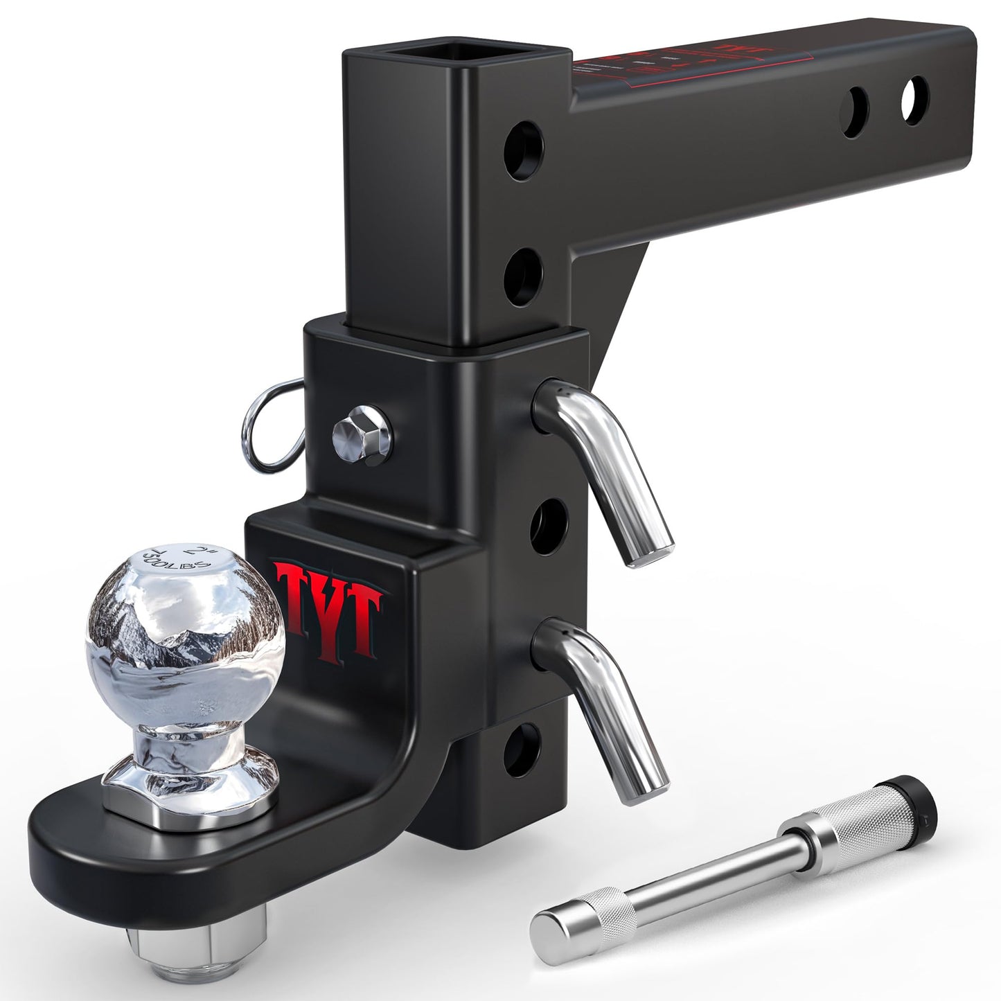 TYT Adjustable Trailer Hitch Ball Mount, 2" Towing Ball 7500 LBS, 9-1/2" Drop and 8-1/4" Rise, Fits 2-in Receiver with 2 Pin&Clips and 5/8" Premium Pin Lock for Heavy Duty Truck