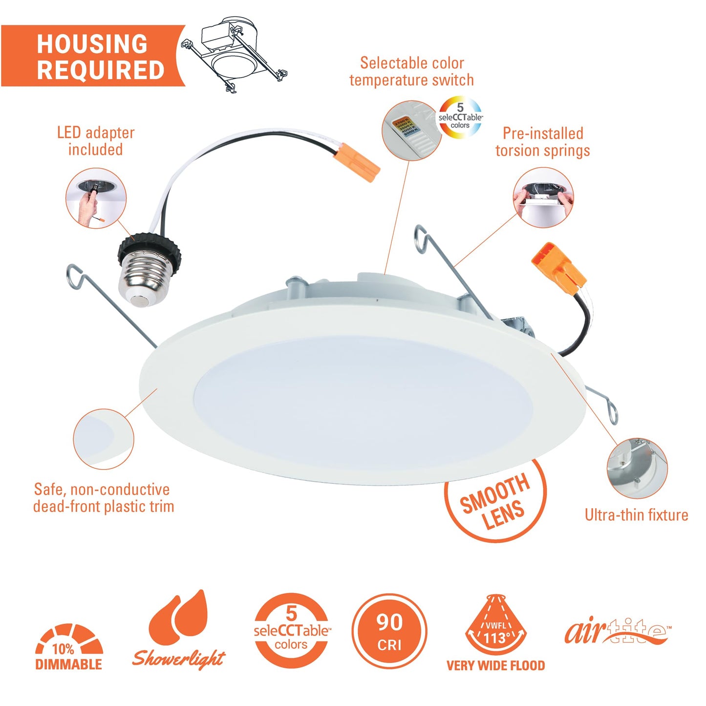 HALO HLBT 4 Pack 6 in Slim LED Recessed Light Trim with Selectable Color Temperature 2700K, 3000K, 3500K, 4000K, 5000K Dimmable Wet Location Indoor Outdoor New Construction Remodel - HLBT609FS5-4PK