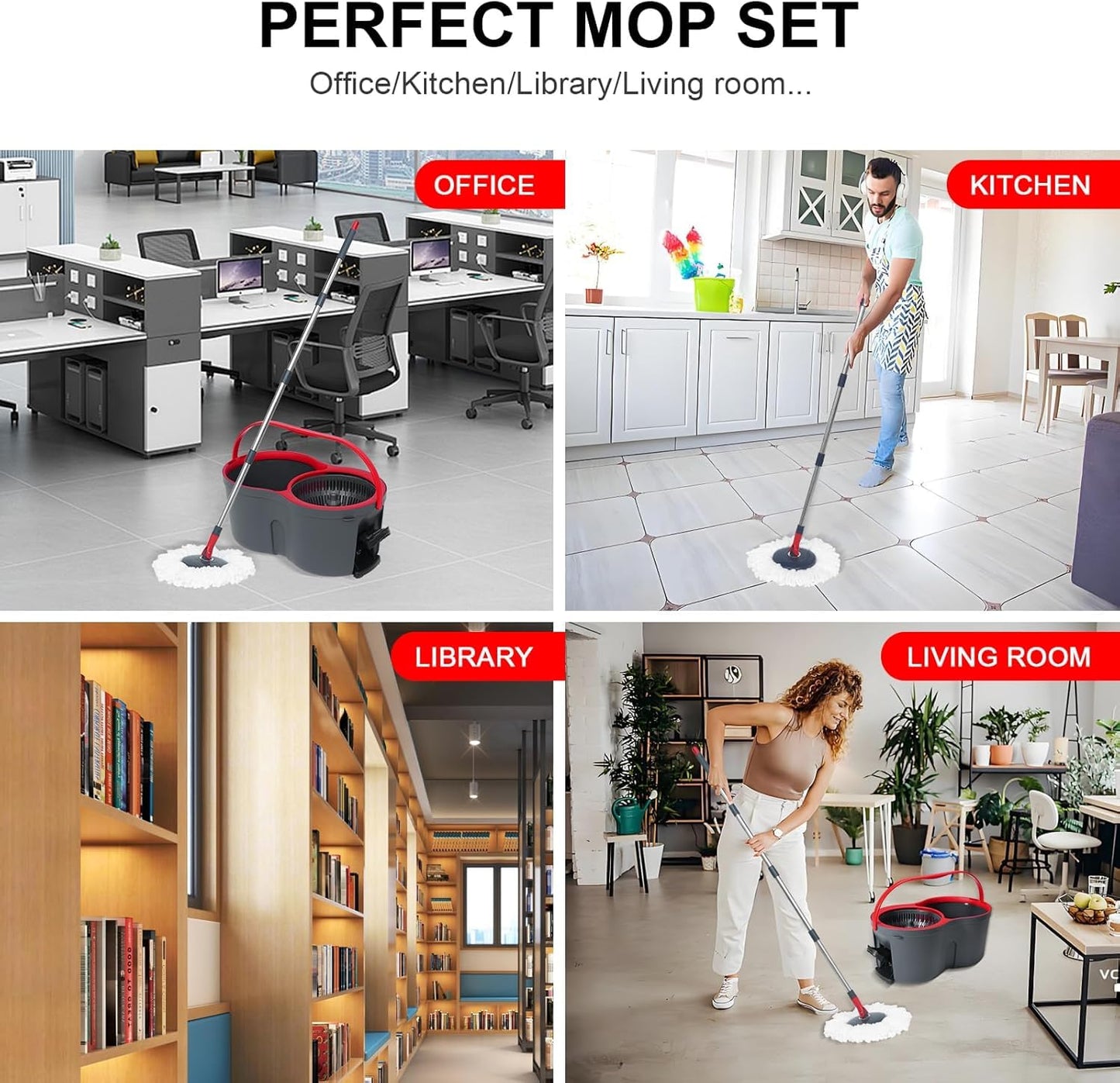 MENSHINE 360° Spin Mop and Bucket Set Cleaning System,Mop and Bucket with Wringer Set for Home,Wet Dust Mop for Floor Cleaning with 4 Mop Heads