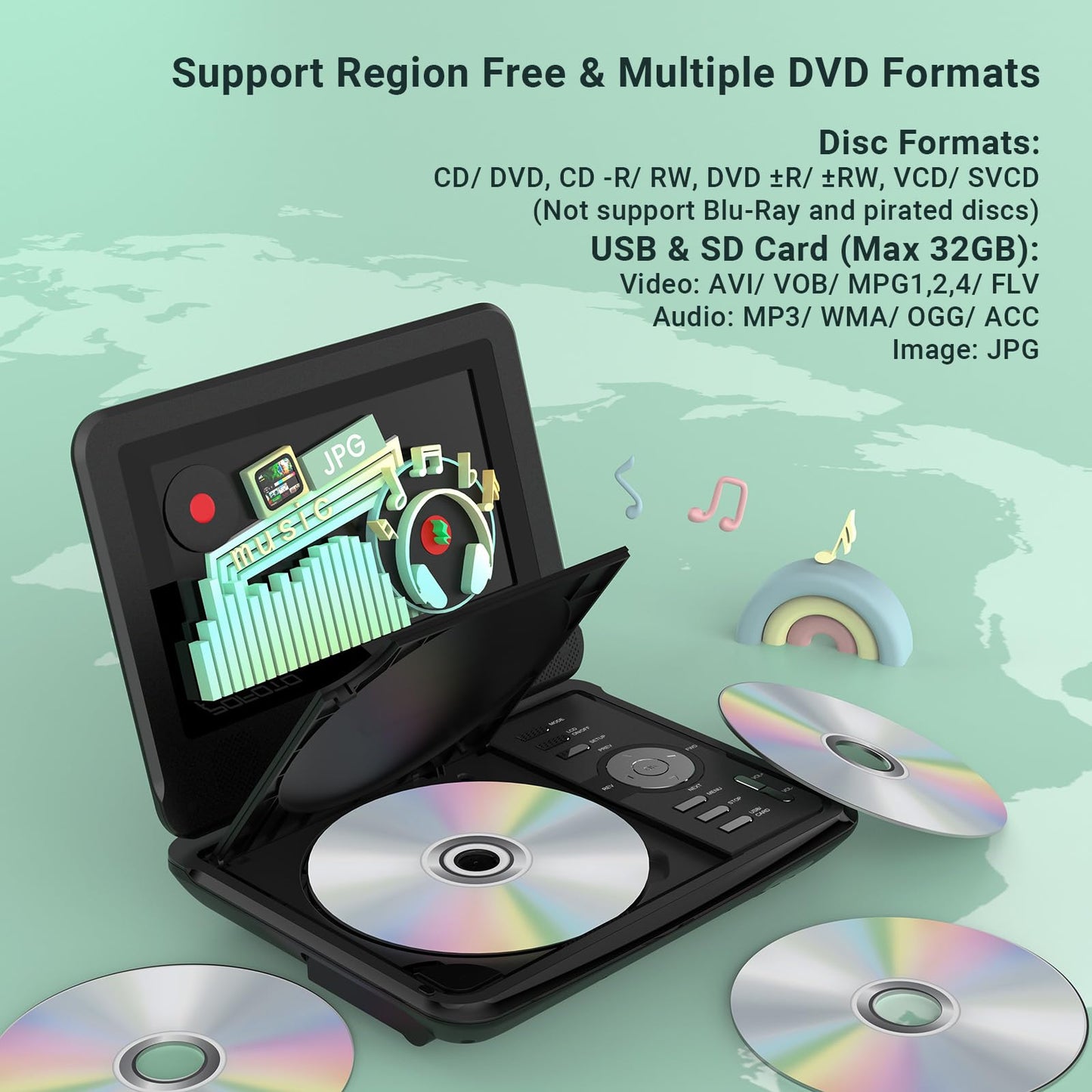 9.5" Portable DVD Player for Kids and Car with 7.5" Swivel Screen, 4-6 Hours Working Time, Car DVD Player with Dual Speakers, Remote Control, Support Sync TV, Region Free USB/SD/AV