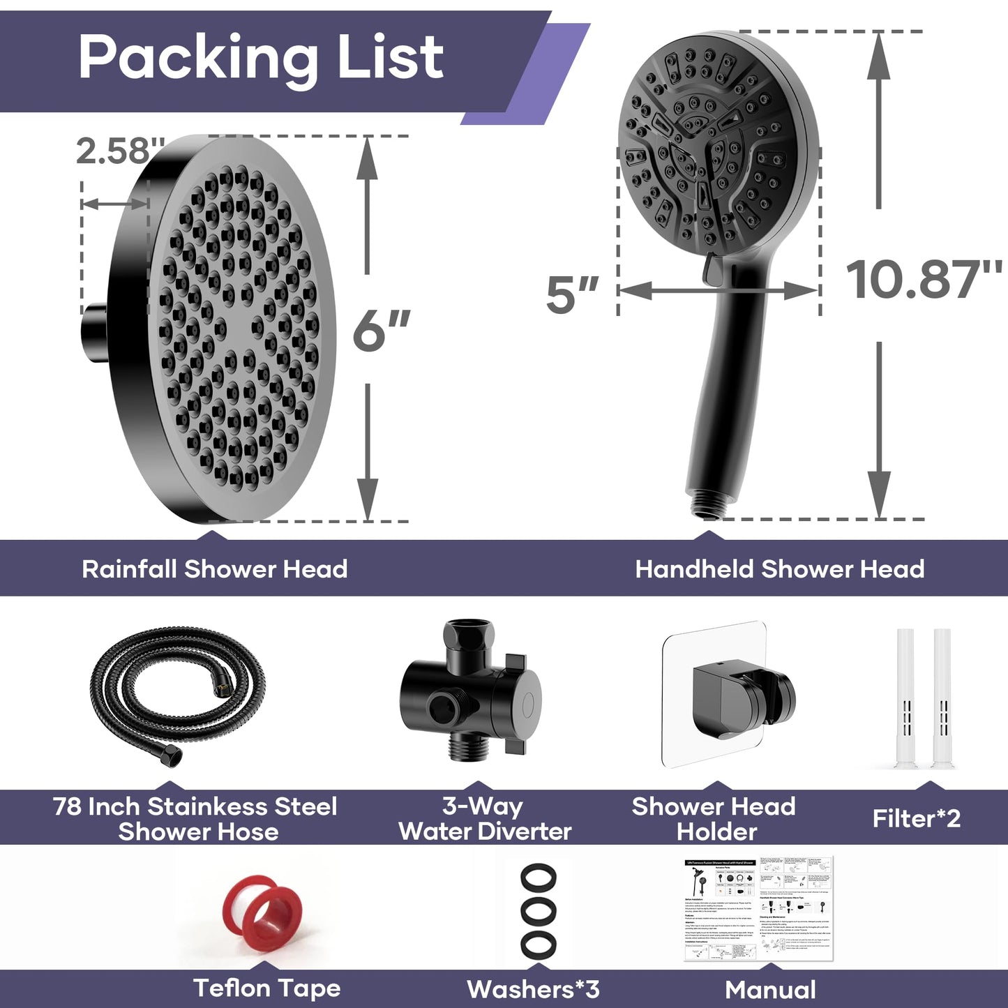 UltrTxenova Filtered Shower Head with Handheld Spray Combo,High Pressure Rain Shower Heads,Double Dual Shower Head 10 Spray Modes,Detachable Showerhead 78 Inch Hose,Black