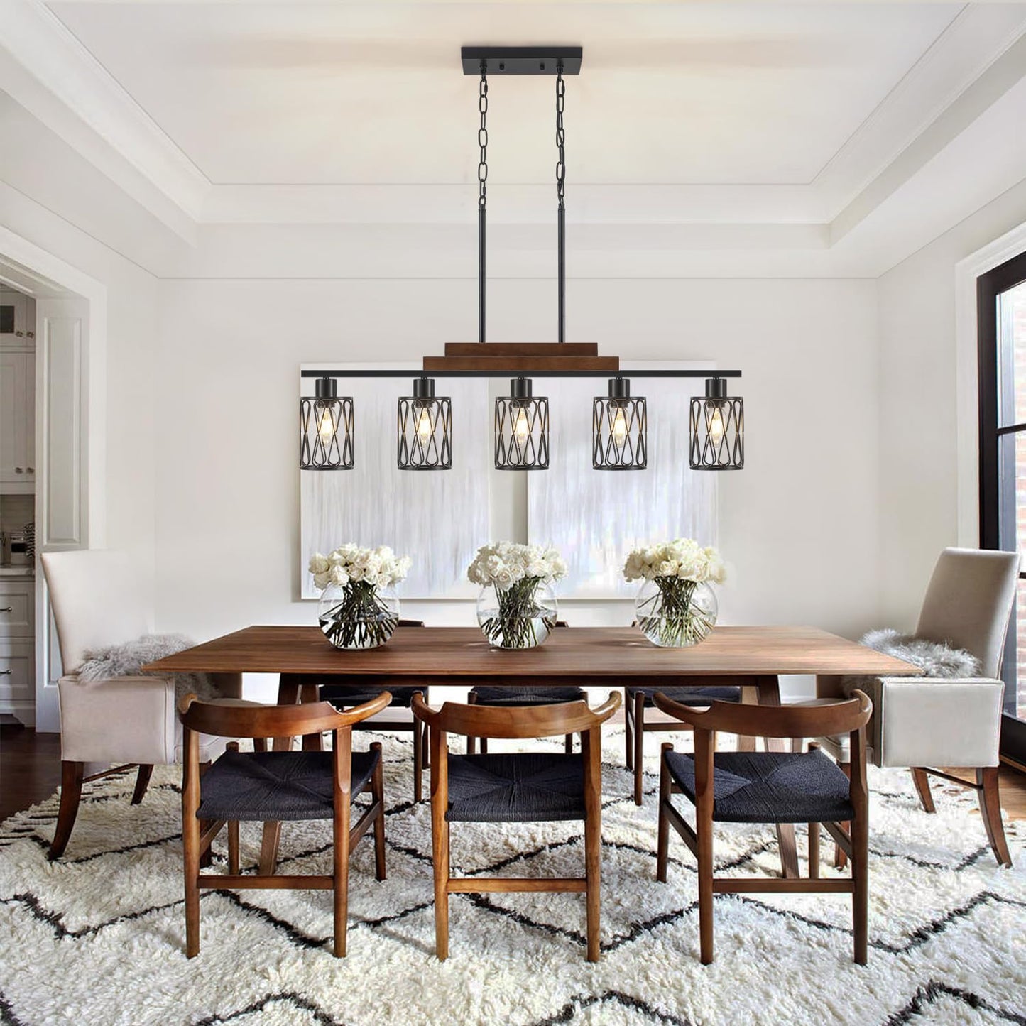 36.61'' Dining Room Light Fixtures Over Table,5-Light Farmhouse Kitchen Island Lighting Hanging with Metal Shade,Matte Black Rustic Wood Linear Pendant Island Light Fixtures for Dining Room Kitchen