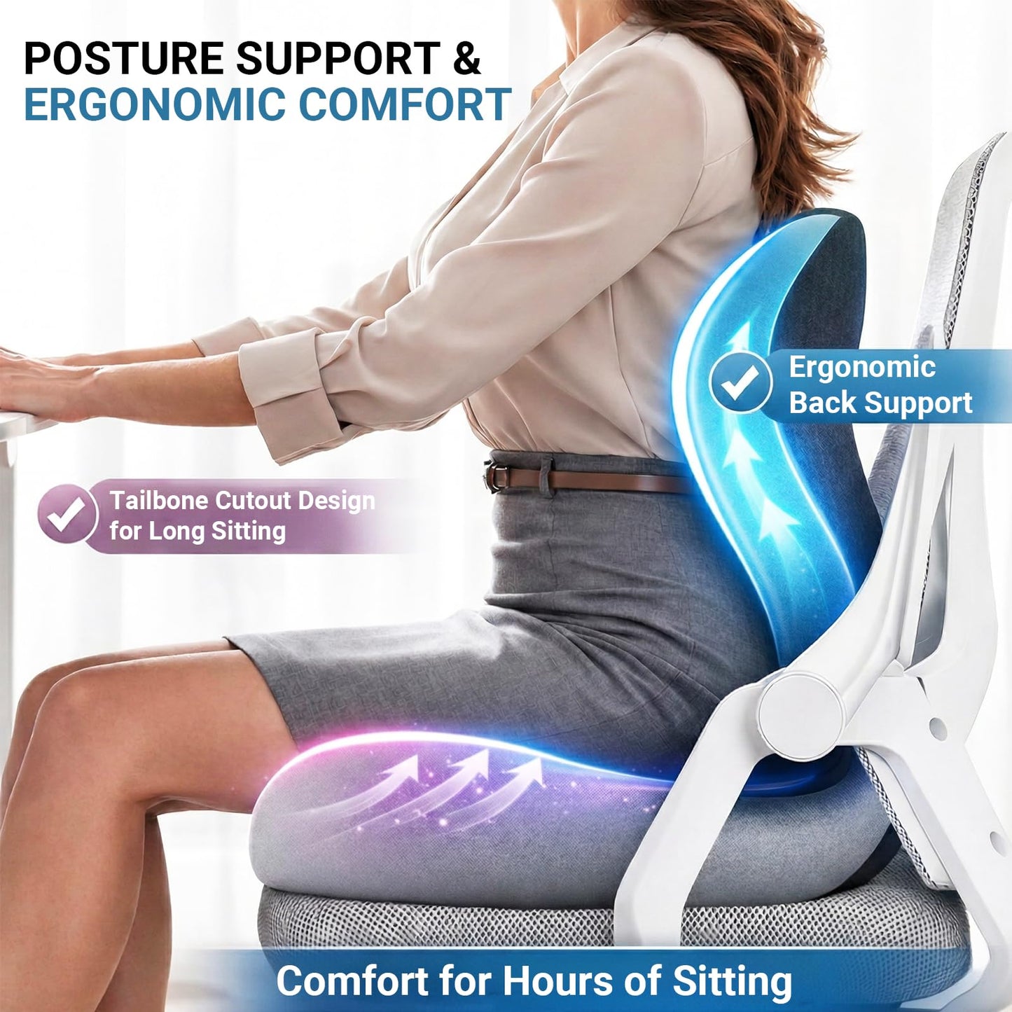 TryWalk Ergonomic Seat Cushion Set with Lumbar Support Pillow, High-Density Memory Foam Cushion with Non-Slip Base, Posture Support Cushion for Office Chair, Home Chair, Car Seat, Dark Gray