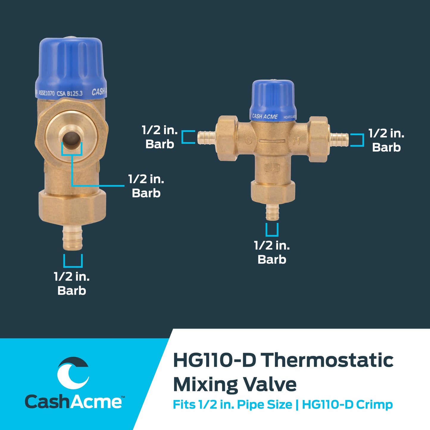 Cash Acme 1/2 Inch HG110 Crimp Thermostatic Mixing Valve with Barb Connections and Integral Checks, Brass Plumbing Fitting, 24506
