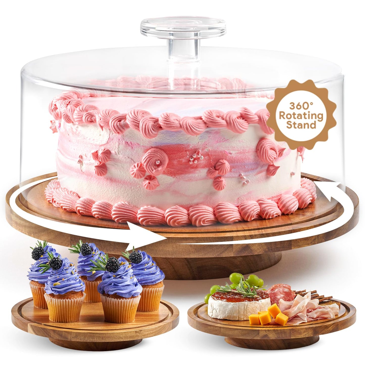 Homesphere Rotating Cake Stand with Lid - 12 Inch Round Cake Holder with Cover, 4” Tall, Acacia Wood Spinning Cake Turntable for Decorating, Display and Serving Platter, Acrylic Cake Dome, No Glass