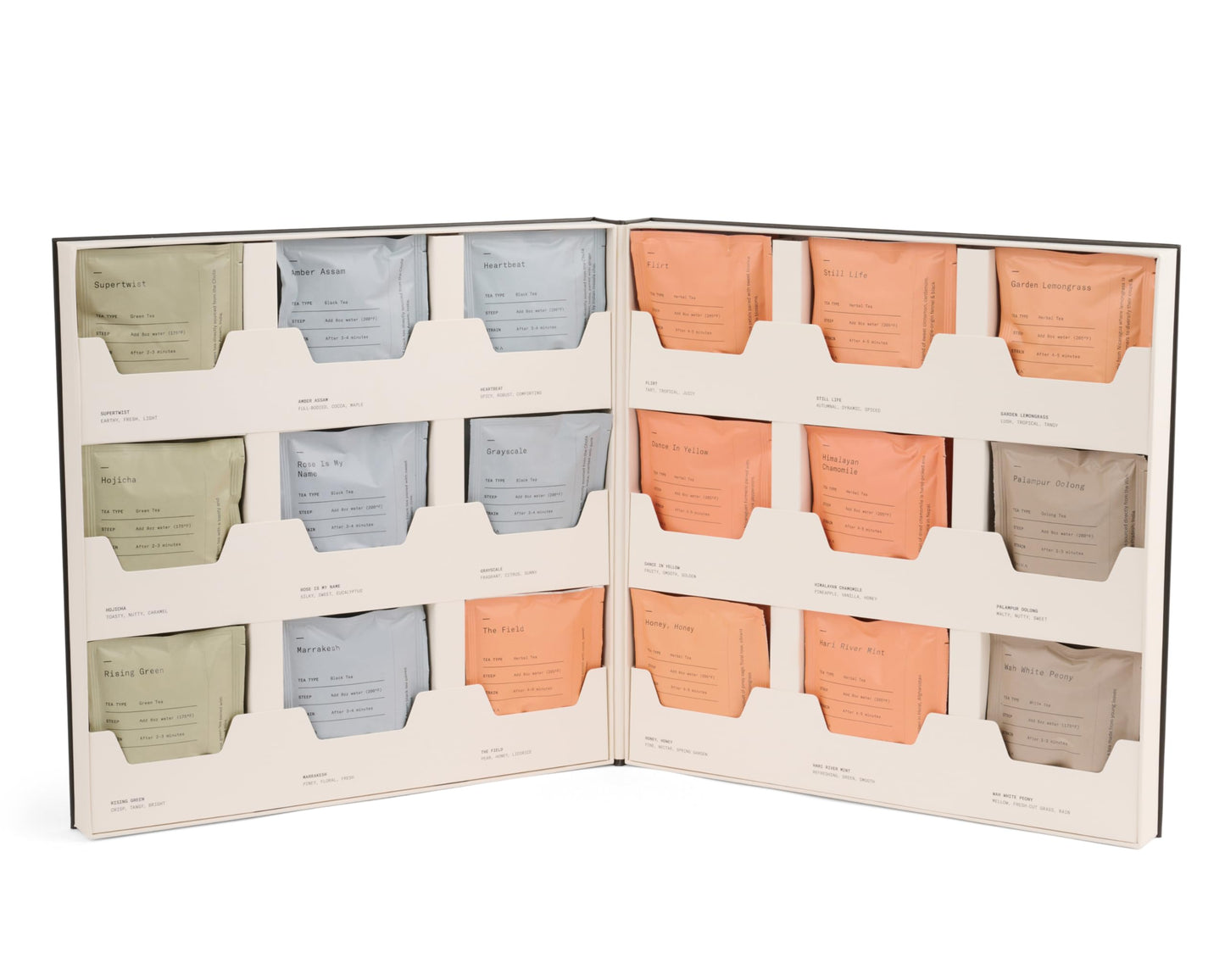 Dona Tea Library - 18 premium blended teas conveniently packaged in 36 plant-based sachets and stored in an elegant case