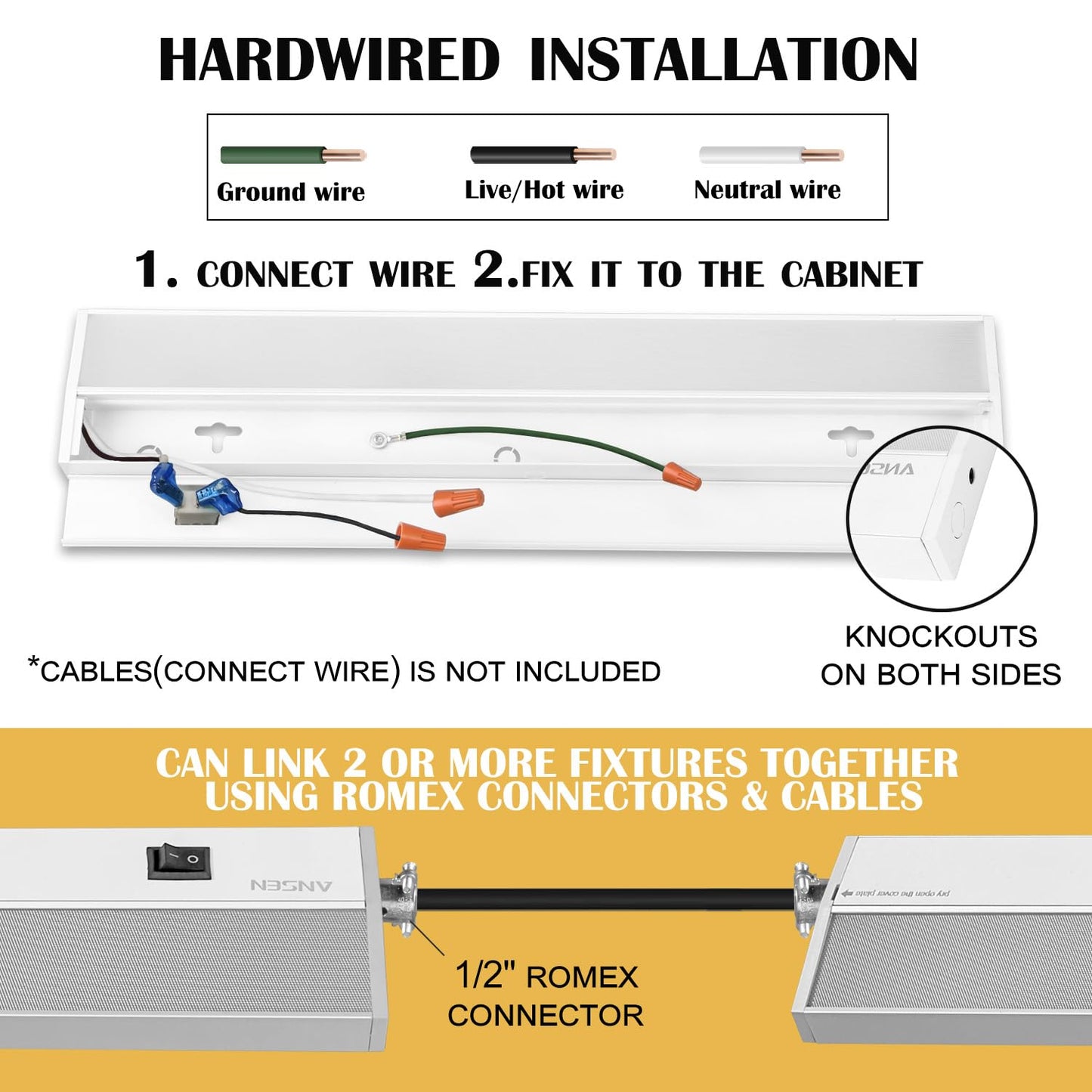 Ansen Hardwired Under Cabinet Lighting, 48in 26W LED Light for Kitchen/Closet, 1720lm, CRI>92, R9>90, Dimmable, 3 Color Temperature, 3000K/4000K/5000K(Warm White, Cool White, Daylight)