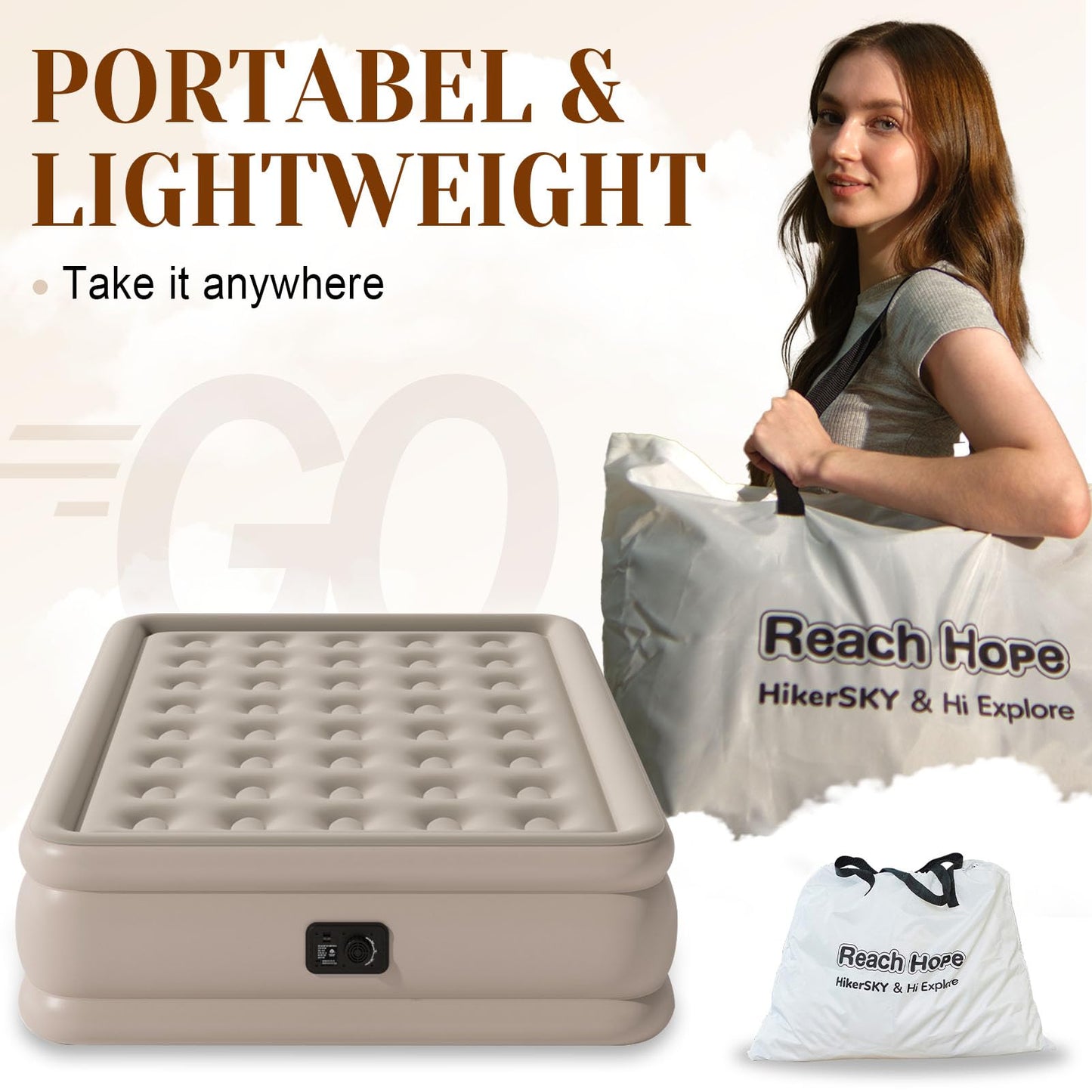 REACH HOPE Air Mattress with Built in Pump Full, Plug-in Electric Pump Self-Inflatable Air Bed, Blow Up Travel Bed, Comfortable Airbed for Rental Home, Camping and Guests.(18" Height Full, Khaki)
