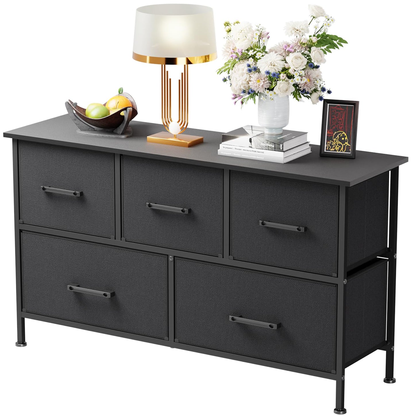 FDW 5 Fabric Drawers Dresser for Bedroom,Chest Organizer Units with Steel Frame and Wooden Top for Bedroom,Closet,Living Room, Entryway,Black