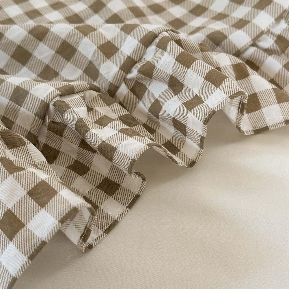 NSNLGSGC Tan Ruffle Gingham Comforter Set Queen, Pre-Washed Ruffled Taupe Plaid Checked Comforter Bedding, 3 Pieces Vintage Farmhouse Grid Bedding Set(Tan Gingham, Queen)