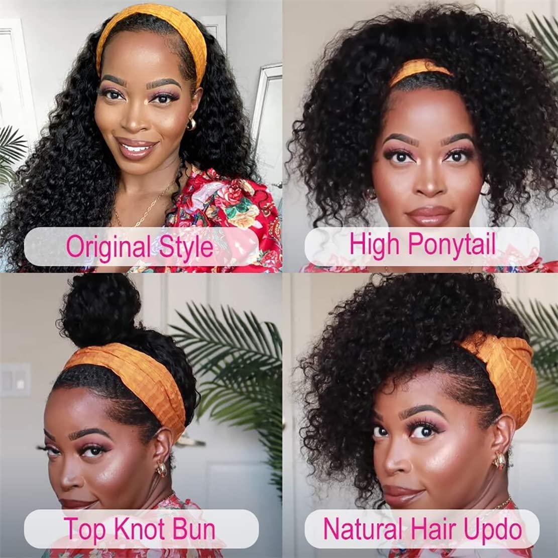 Deep Wave Headband Wig Human Hair 26 inch Glueless Non Lace Front Wig Machine Made Wigs 150% Density Brazilian Wet and Wavy Curly Hair Headband Half Wigs for Black Women Human Hair Natural Color