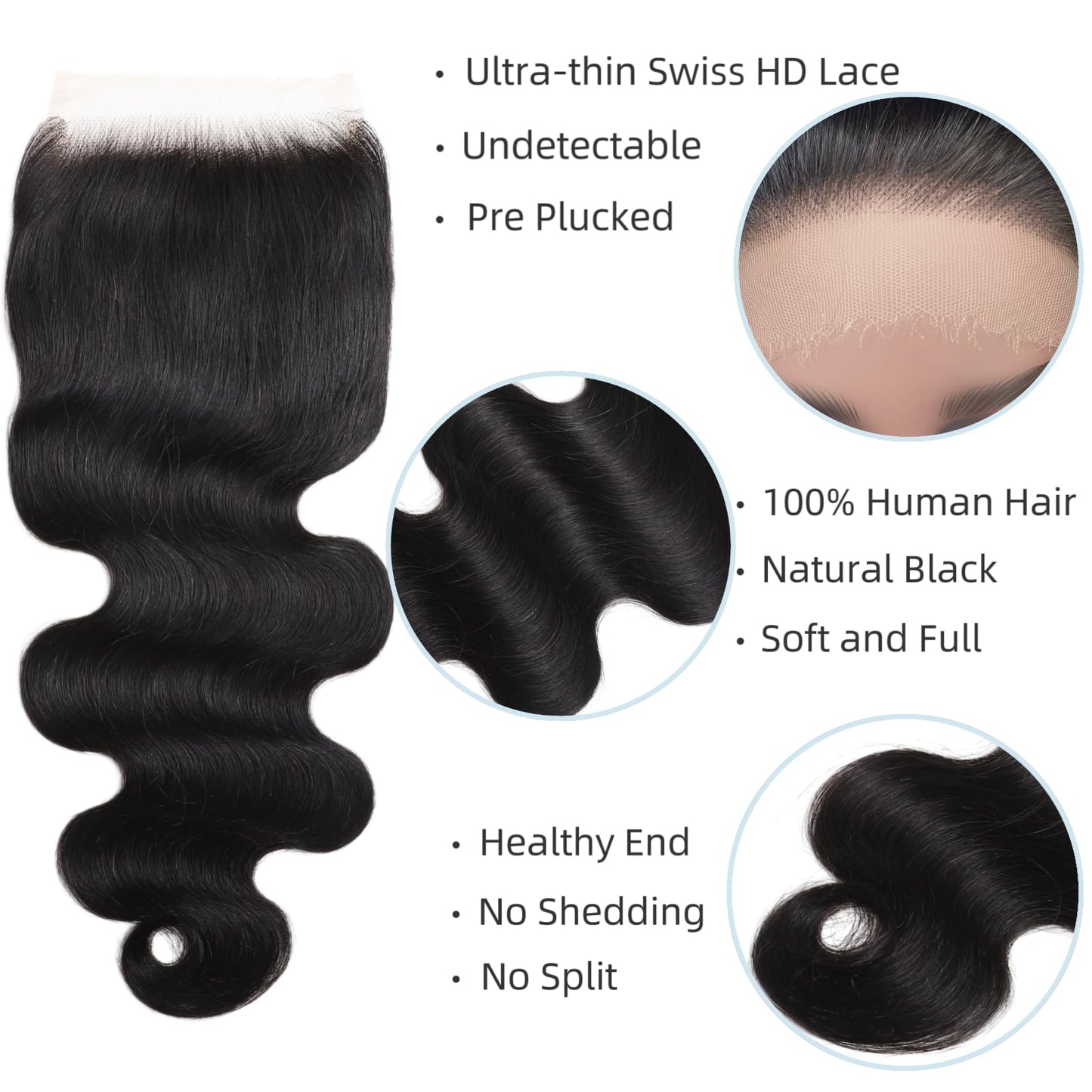 5x5 SKINLIKE 100% Real HD Lace Closure Body Wave Human Hair Closure 0.095mm Ultra-thin Invisible Swiss HD Lace Closure Pre Plucked Small Single Knots Brazilian Virgin Human Hair Lace Closure 16inch