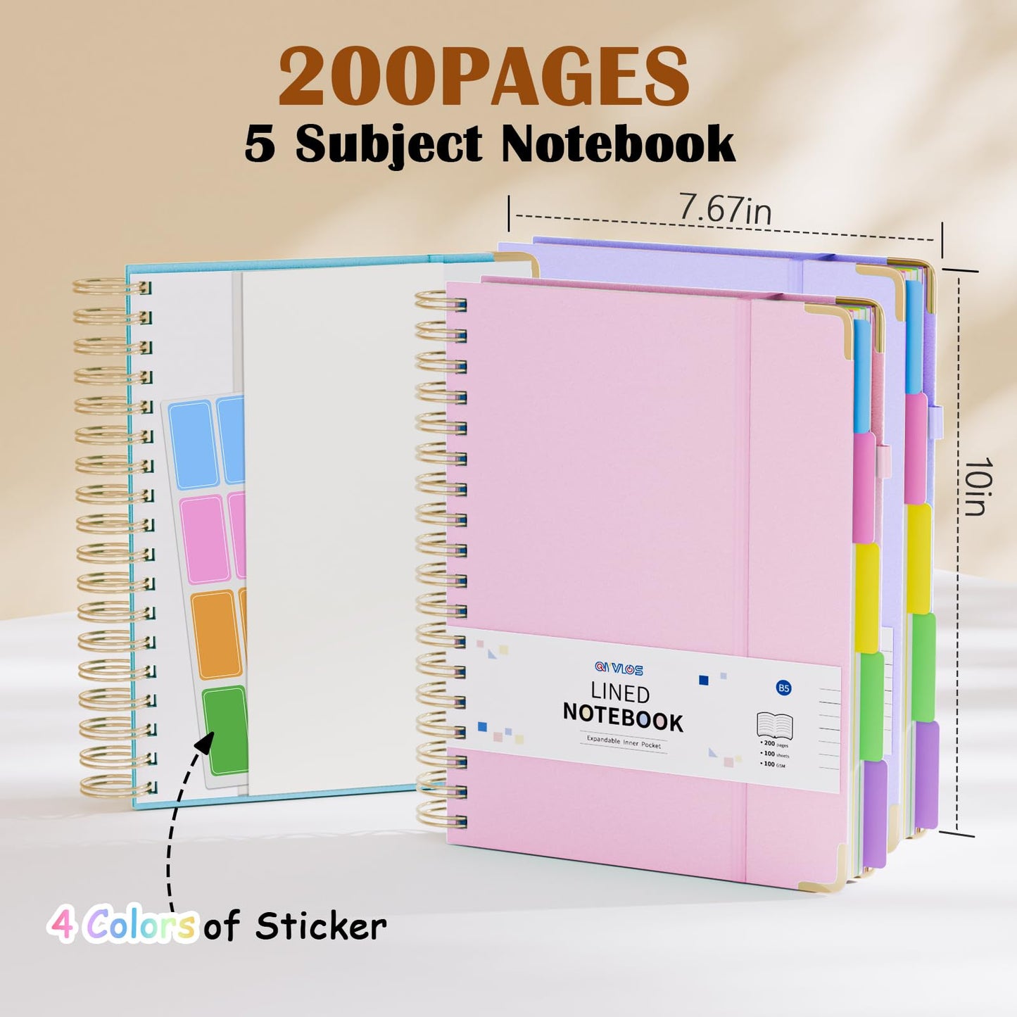 3 Packs Hardcover Spiral Notebook, B5 Journal with Removable Dividers Tabs, 5 Subject Notebook College Ruled, 200 Pages 8"x10" Leather Notebooks for Work School Study, Lined Journal for Women(Pink/Purple/Cyan)