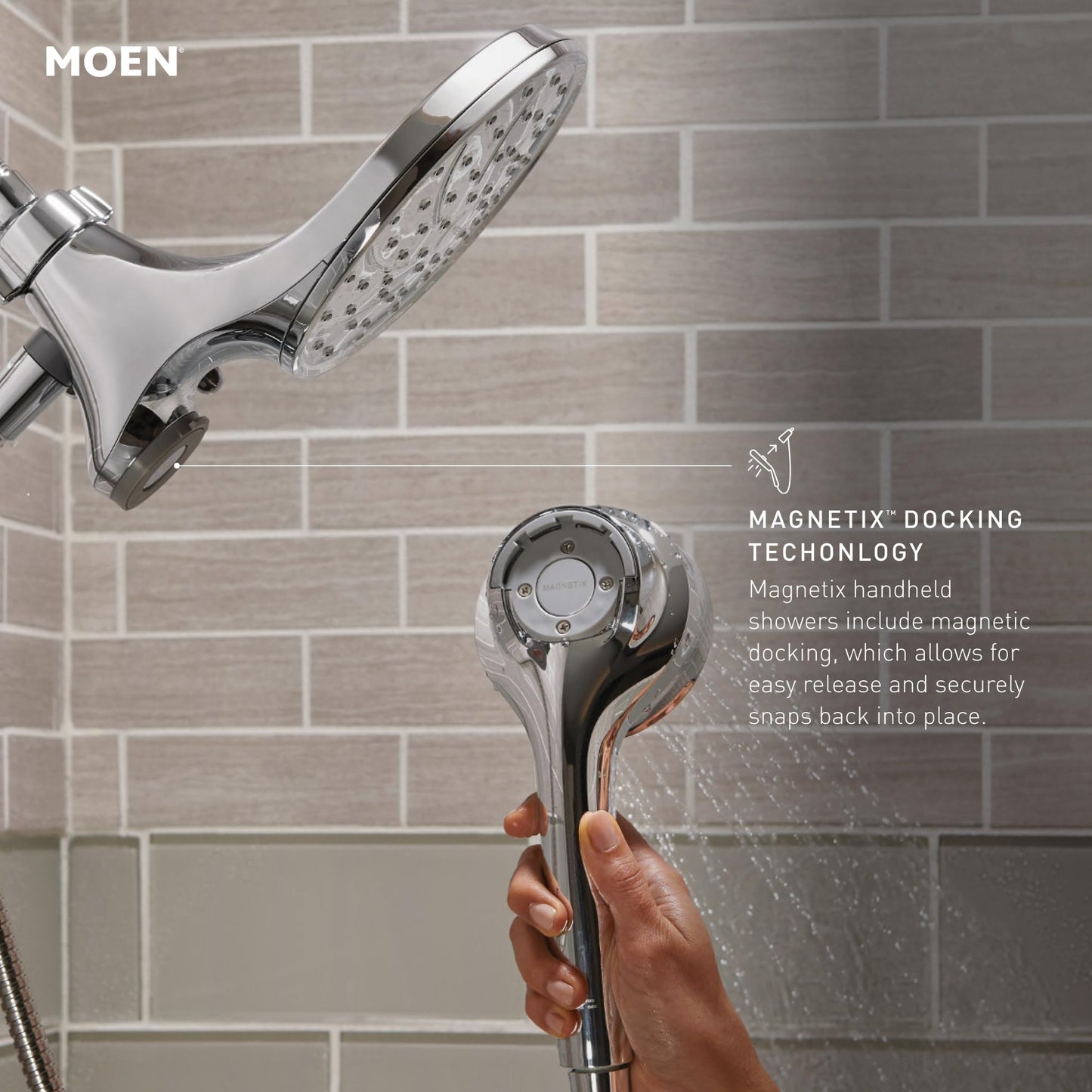 Moen Engage Magnetix Spot Resist Brushed Nickel 3.5-Inch Six-Function Detachable Handheld Showerhead with Magnetic Docking System, 26100SRN