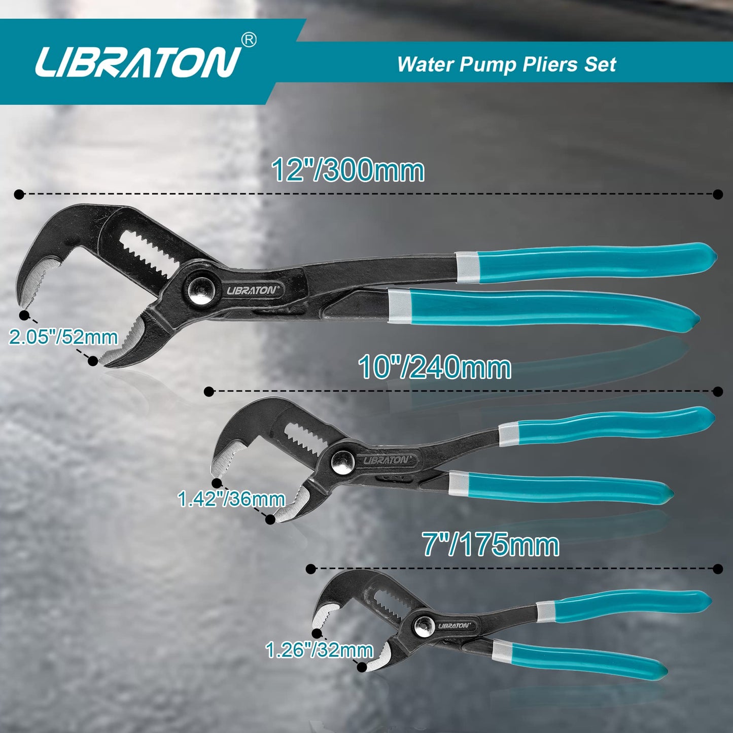 Libraton Water Pump Pliers, Groove Joint Pliers Set, V-Jaw Tongue and Groove Pliers in CR-V Steel, 7 10 12Inch Plumbing Pliers, Adjustable Pliers, Ratcheting Push Button Adjustment Mechanism