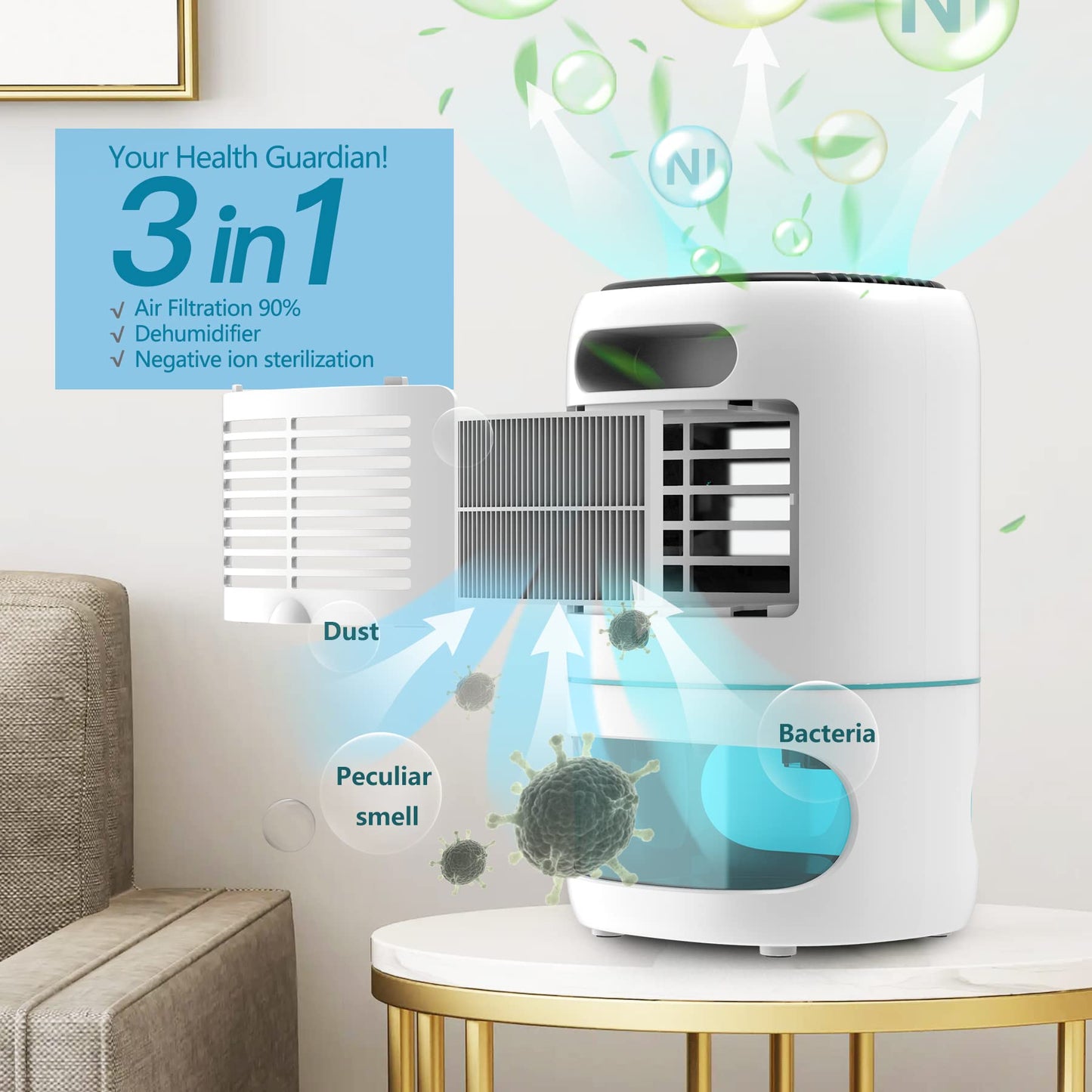 Hoomace Small Dehumidifiers for Bedroom w/Air Purifying Function, 1000 ml/35 oz for 2500 Cubic Feet (260 sq ft) with 7 Colorful LED Lights Timer Set Negative Ions Below 30 dB, Auto Shut-Down