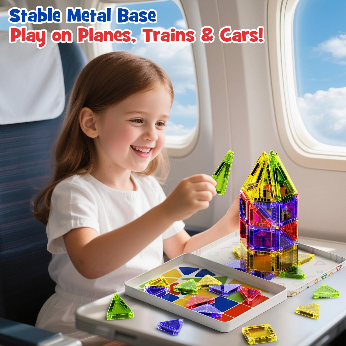 Portable Magnetic Tiles for Kids Travel - 40pcs STEM Building Blocks with Visual Storage Guide & Metal Box Play Base, Toddler Airplane Activities Toys for Ages 3-5,4-8, Compact Travel Toys
