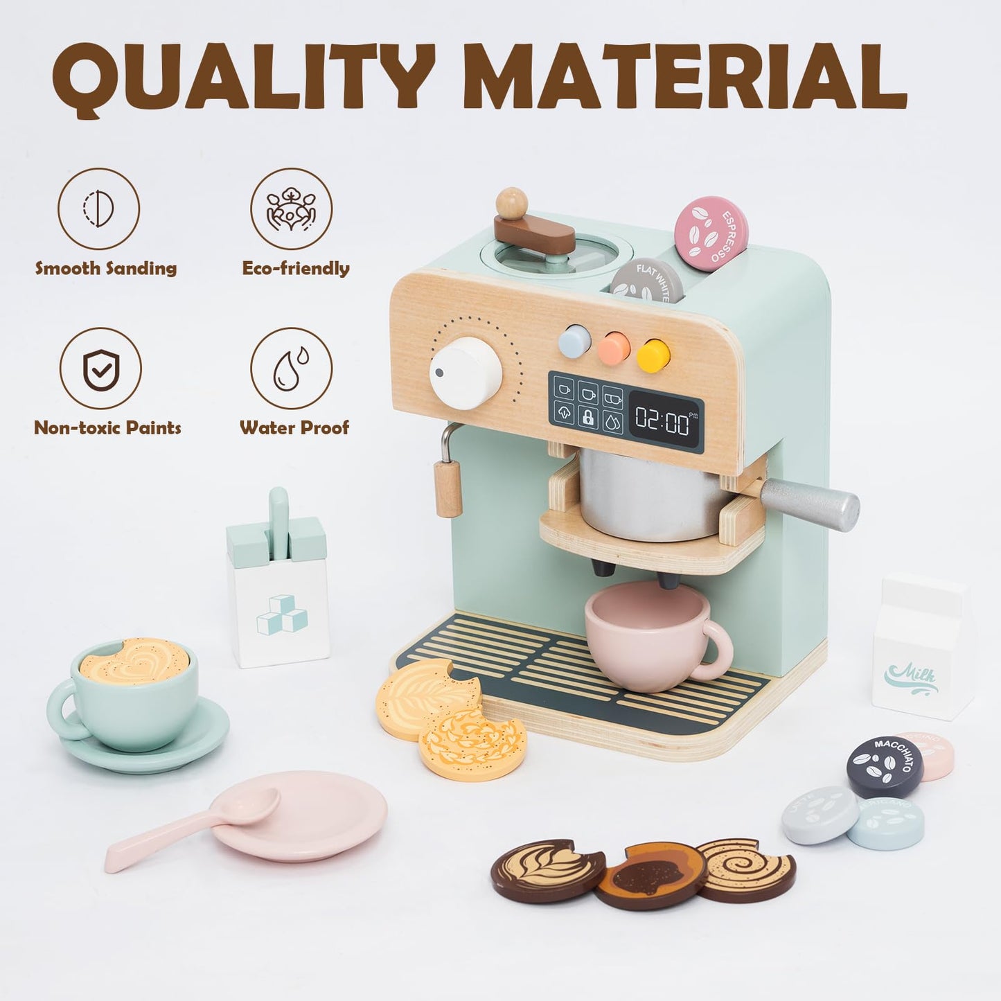 JugueteLand Kids Coffee Maker Playset, 23PCS Wooden Kitchen Toys, Play Kitchen Accessories for Toddler, Espresso Machine Playset Montessori Kitchen Toy, Gift for Boys and Girls 3 4 5 Years