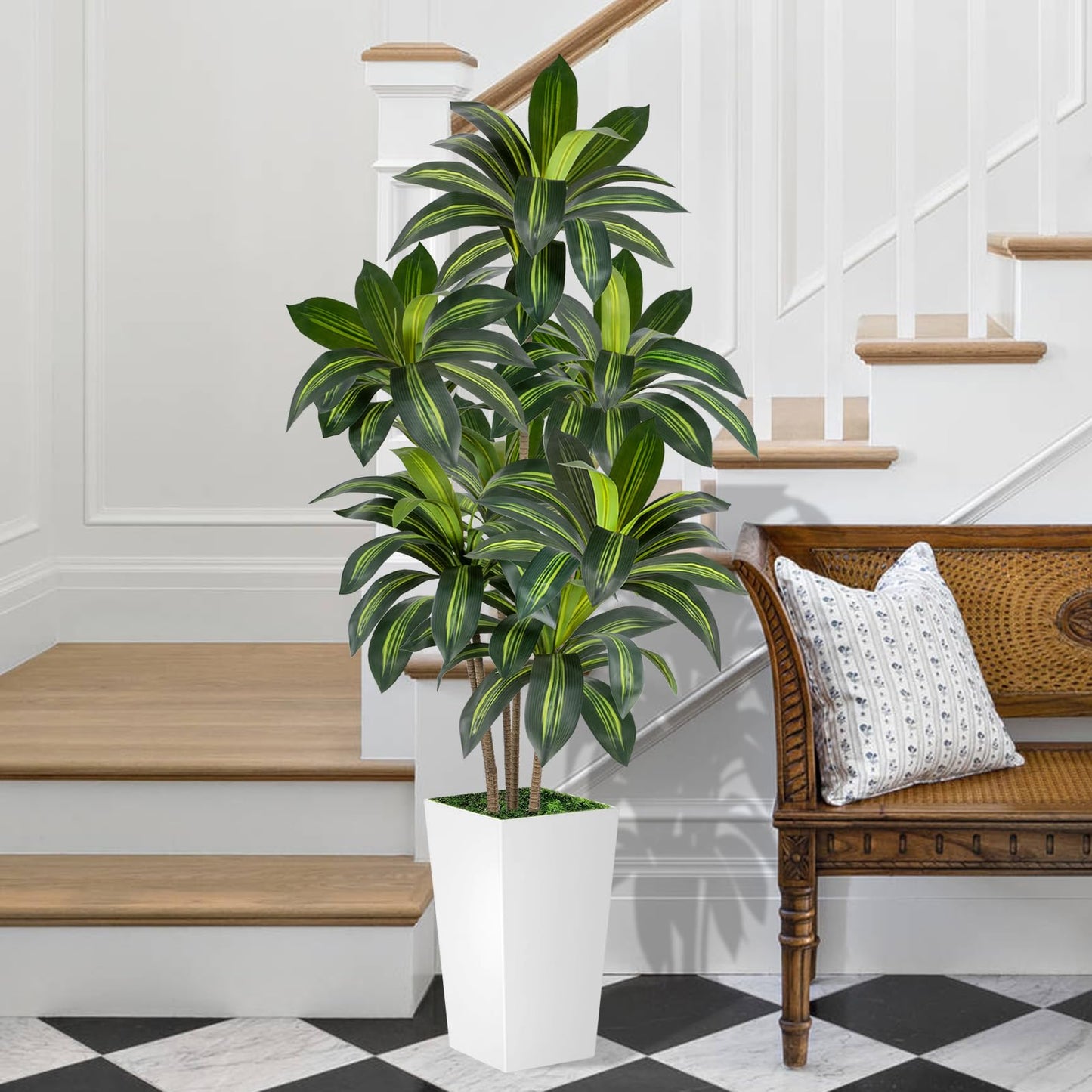 VIVATREES Dracaena Tree 6FT Artificial, 72in Tall Faux Dracaena Tree with 15.7 White Planter, Fake Potted Tree for Indoor & Outdoor Home Office Decor