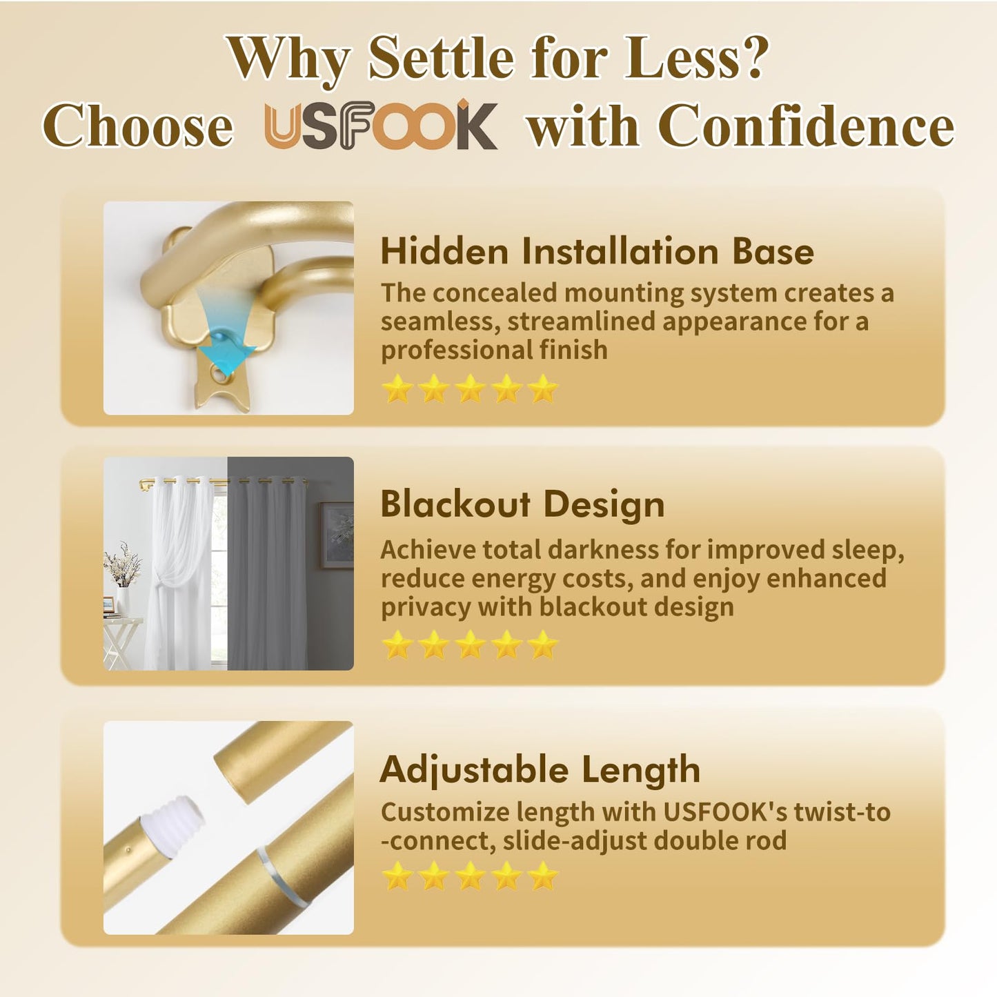 USFOOK Gold Double Curtain Rod Set, Blackout Wrap Around Curtain Rods for Windows 48 to 84 Inch, 6/8 Inch Room Darkening Curtain Rod 32 to 86 Inch, Decorative Double Drapery Rods