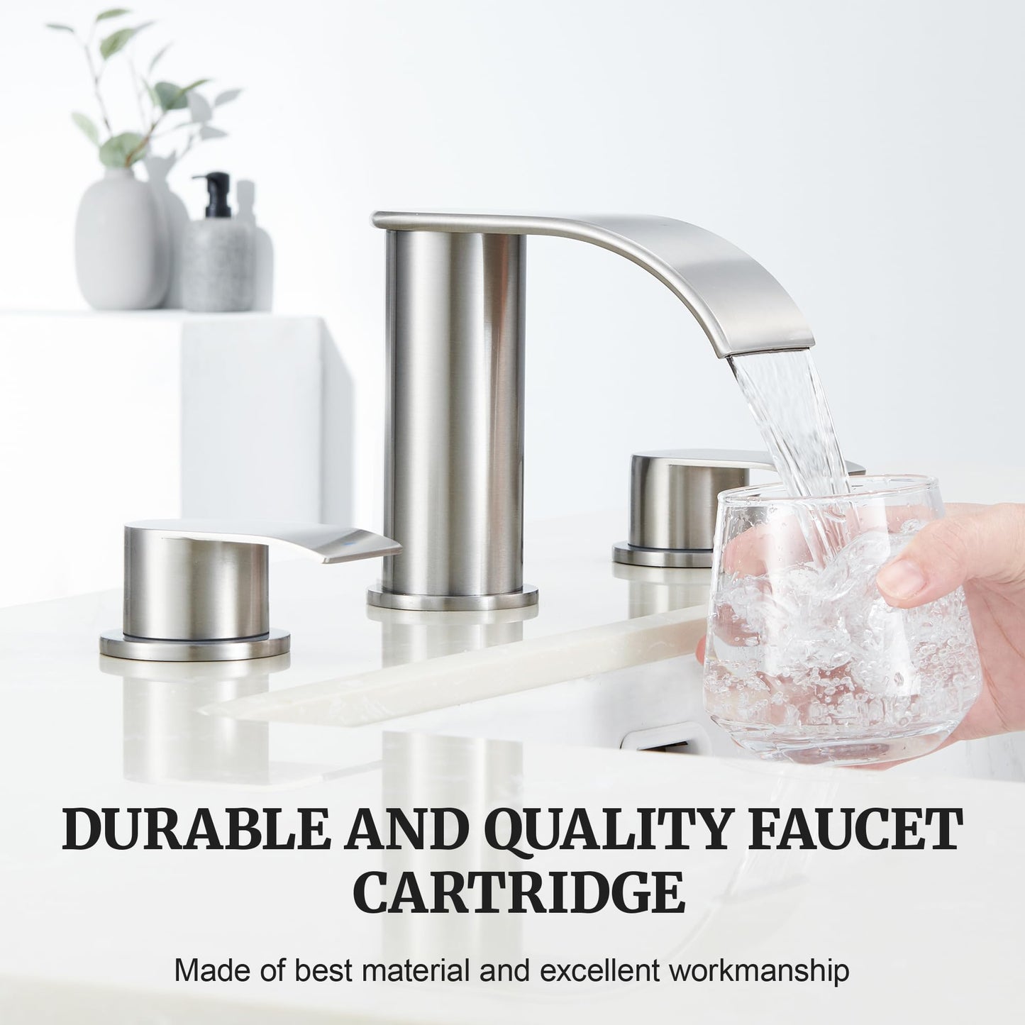 Ultimate Unicorn 8 inch Bathroom Faucet Brushed Nickel, Waterfall Bathroom Faucet with Metal Pop-up Sink Drain Stopper and 2 Supply Hoses,2 Handle Widespread Faucets for Vanity Sink 3 Holes