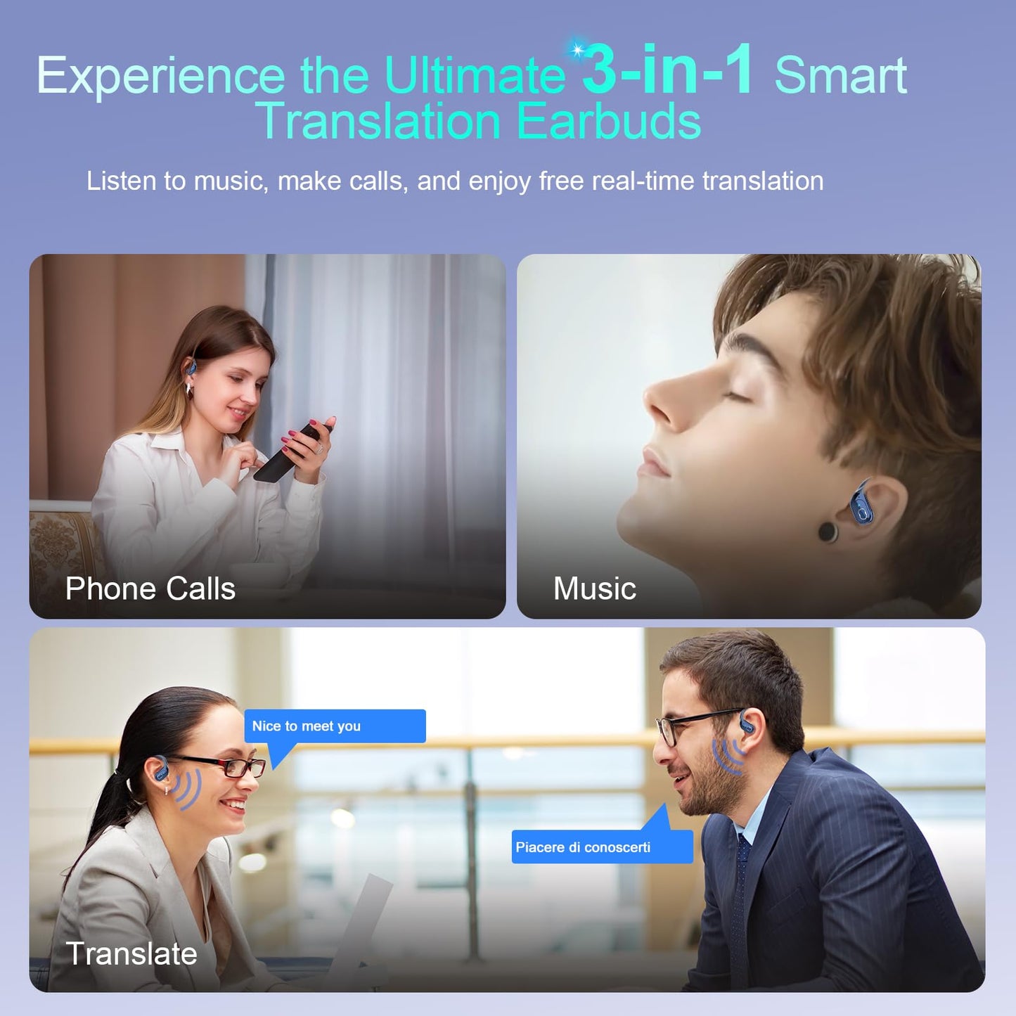 AI Translation Earbuds Real Time, 164 Language Translator Earbud 3-in-1 Bluetooth 5.4 Translator Earbuds with 6 Translation Modes, 75H Translators Headphones with APP for Travel Business, Royal Blue