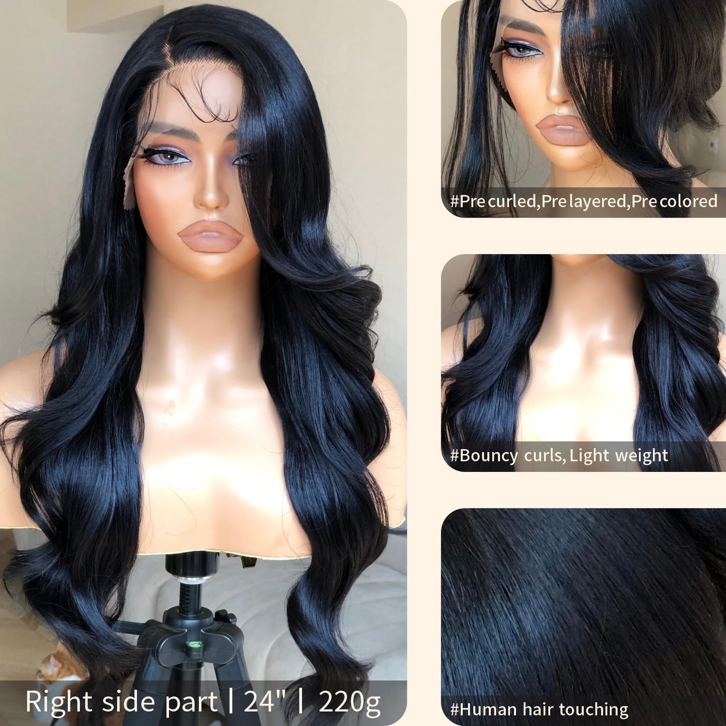 BrownBomb Bombshell Body Wave Wig, Synthetic Lace Front Wig Pre Plucked Glueless Ready to Wear, 13X5X1 Side Part HD Lace Wigs for Women 24inch, 1B Jet Black Wig Human Hair Luster