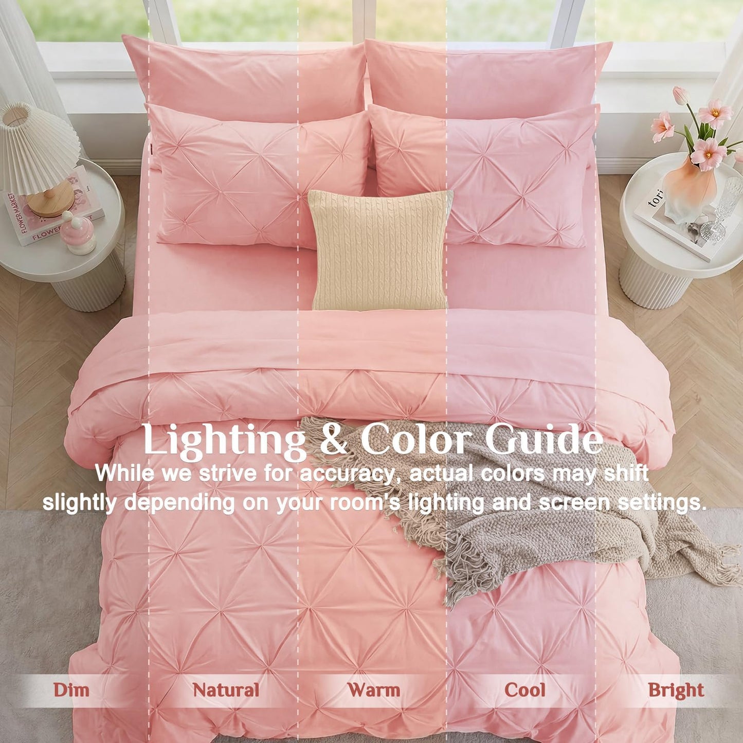 JOLLYVOGUE Queen Comforter Set 7 Pieces - Bed in a Bag Queen for All Season, Pintuck Bedding Comforter Sets with Comforter, Flat Sheet, Fitted Sheet and Pillowcases & Shams, Pink