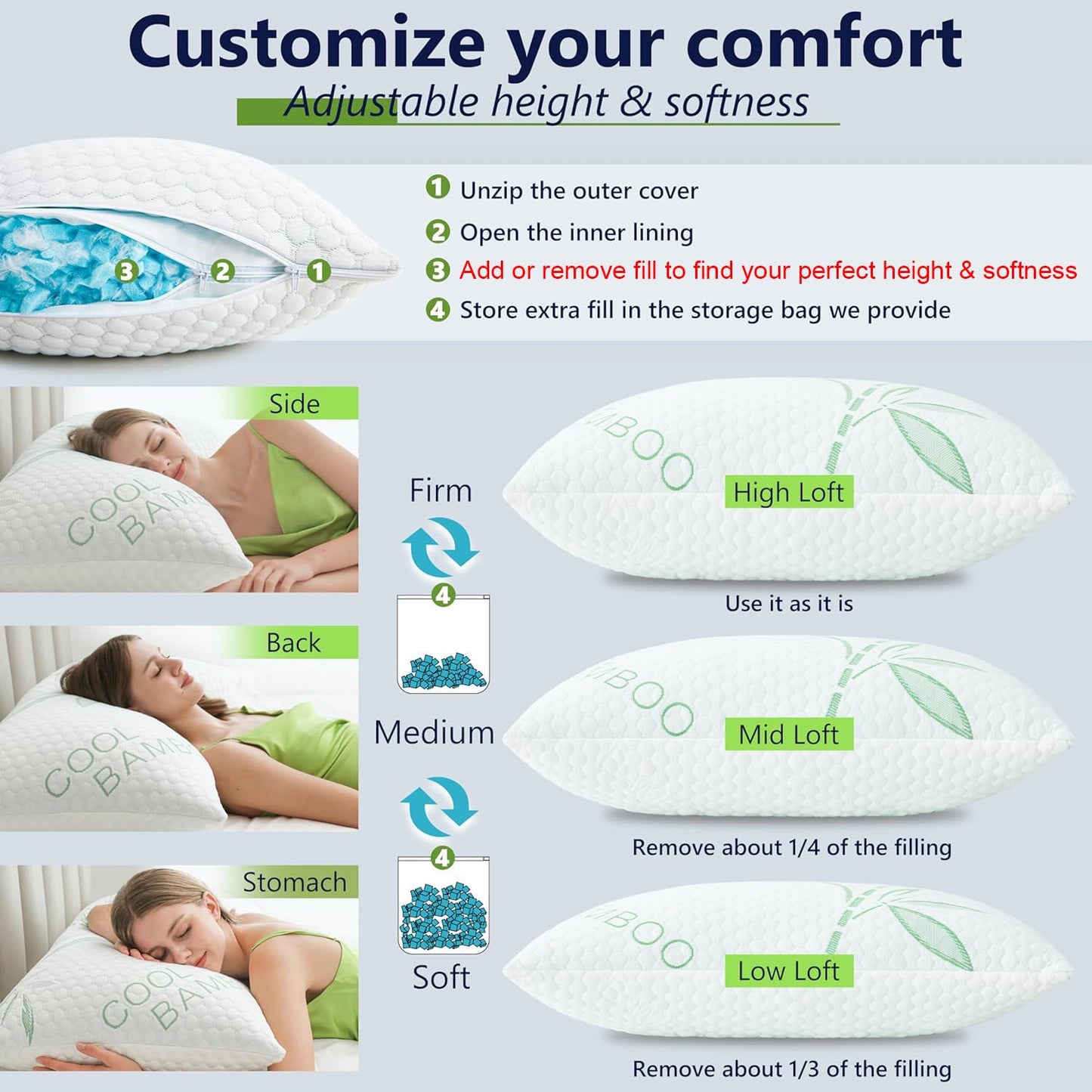 DGPEAR Memory Foam Pillows, Cooling Pillows Queen Size Set of 2 Adjustable Firm Bamboo Bed Pillows for Hot, Side, Back and Stomach Sleepers