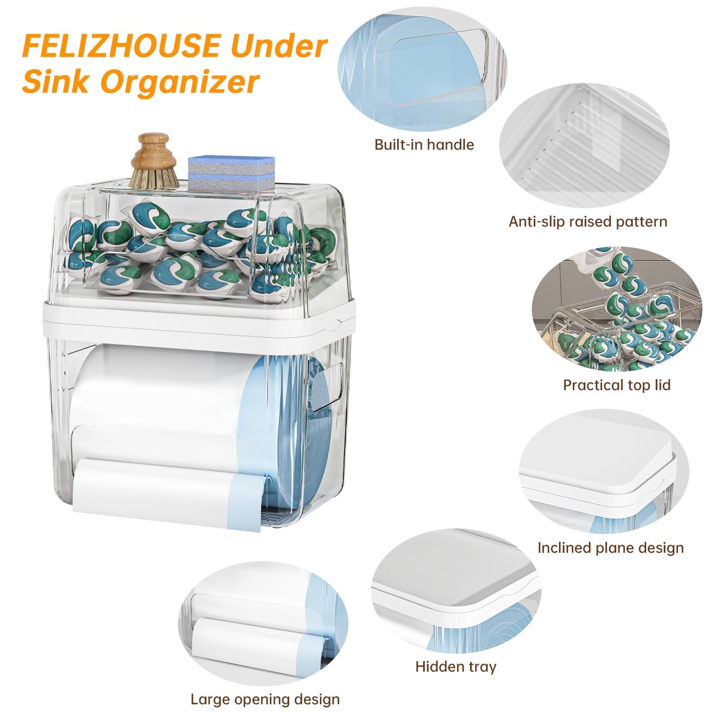 2-in-1 Trash Bag Holder Laundry & Dishwasher Pods Container,Garbage Bag Dispenser with Removable Lids,Kitchen Organizer and Under Sink Storage Box