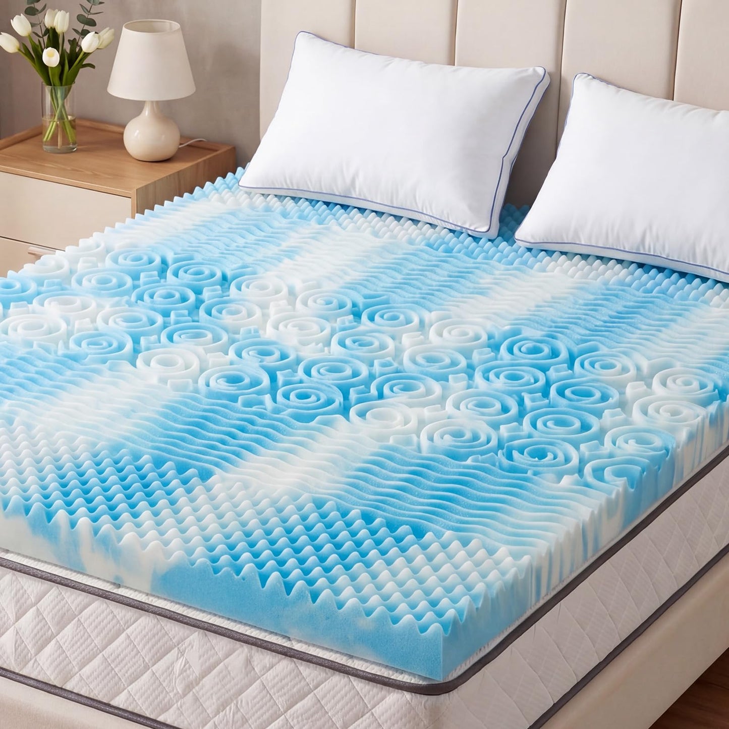 DUMOS 4 Inch Memory Foam Mattress Topper Queen, 5-Zone Cooling Gel Infused Pressure Relief Mattress Pad for Back & Hip Pain, Soft Dorm RV Camping Bed Topper, Blue