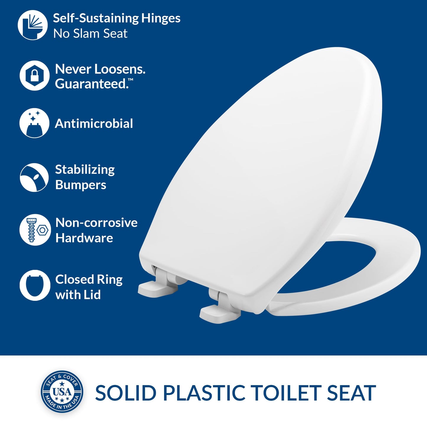 BEMIS 7900TDGSL Commercial Heavy Duty Closed Front Toilet Seat with Cover, Industrial No Slam Seat with Secure Installation, Made in USA, Elongated, White