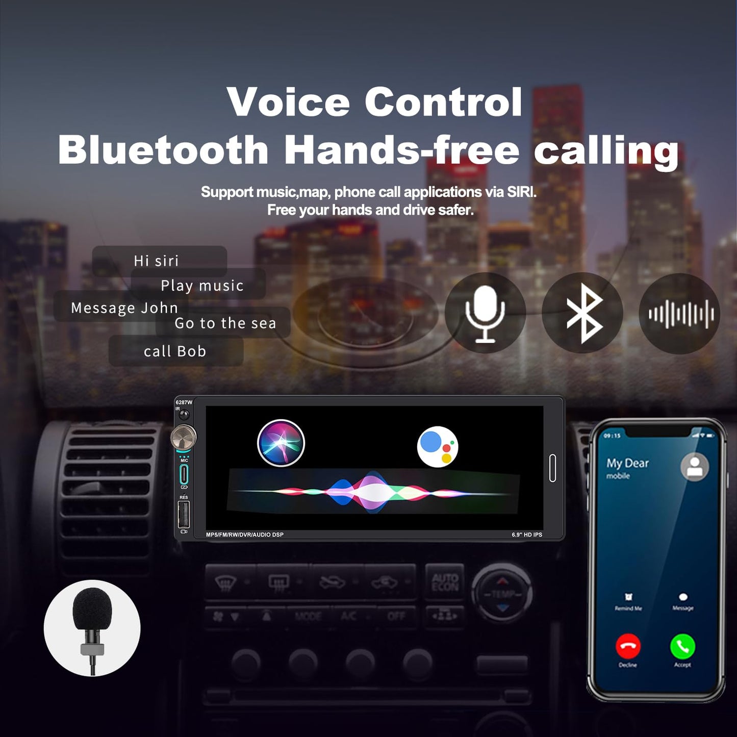 Alondy Single Din Car Touchscreen Radio (6.9-inch) Compatible with [Wireless] Apple CarPlay Android Auto Car Stereo Bluetooth USB (2.1A Type-C Fast Charge) Backup Camera RCA
