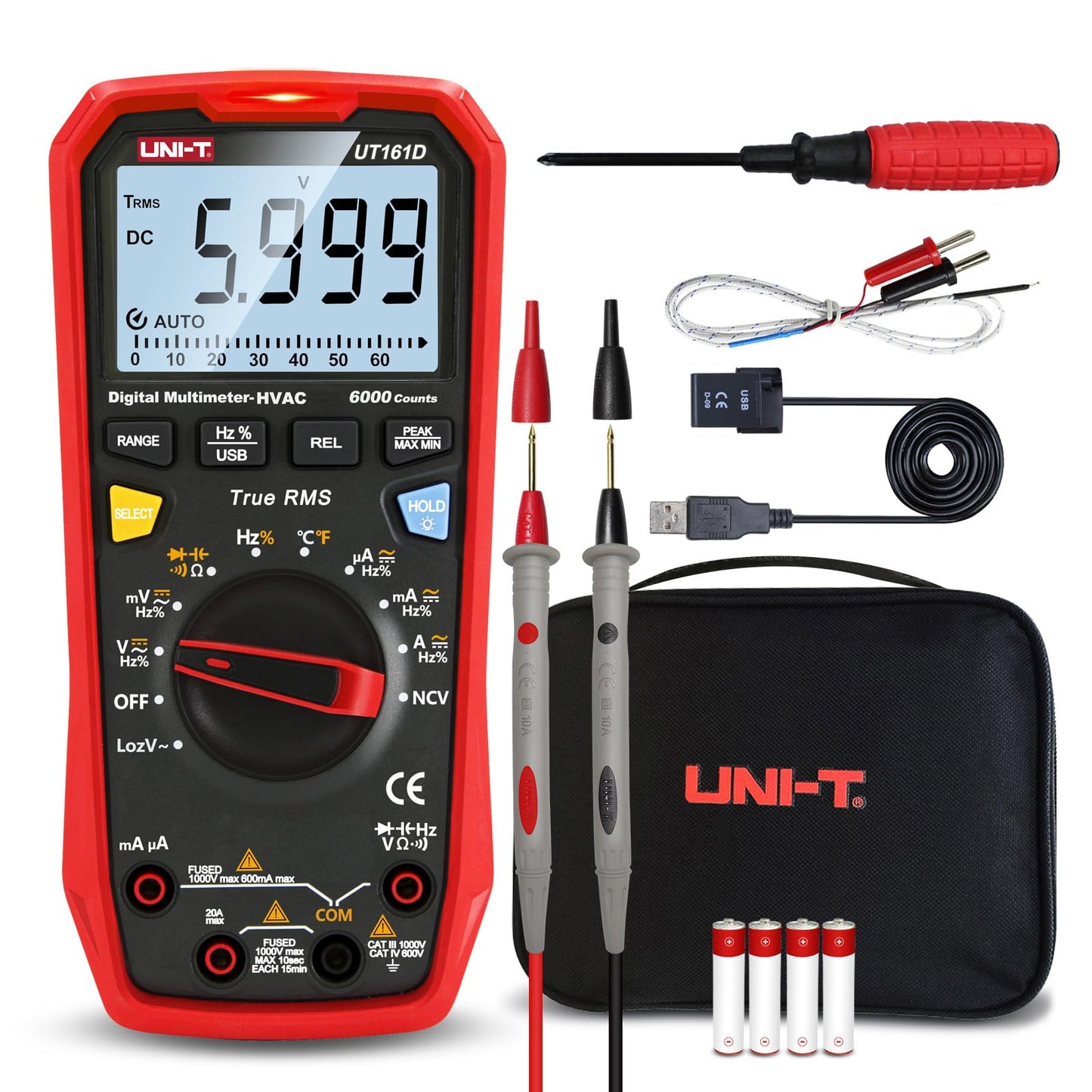 UNI-T Multimeter Kit UT161D, 1000V AC DC Volt Ohm Meter Capacitor Tester Frequency Meter True RMS 6000 Counts USB Transmission LOZ ACV Temperature Measurement