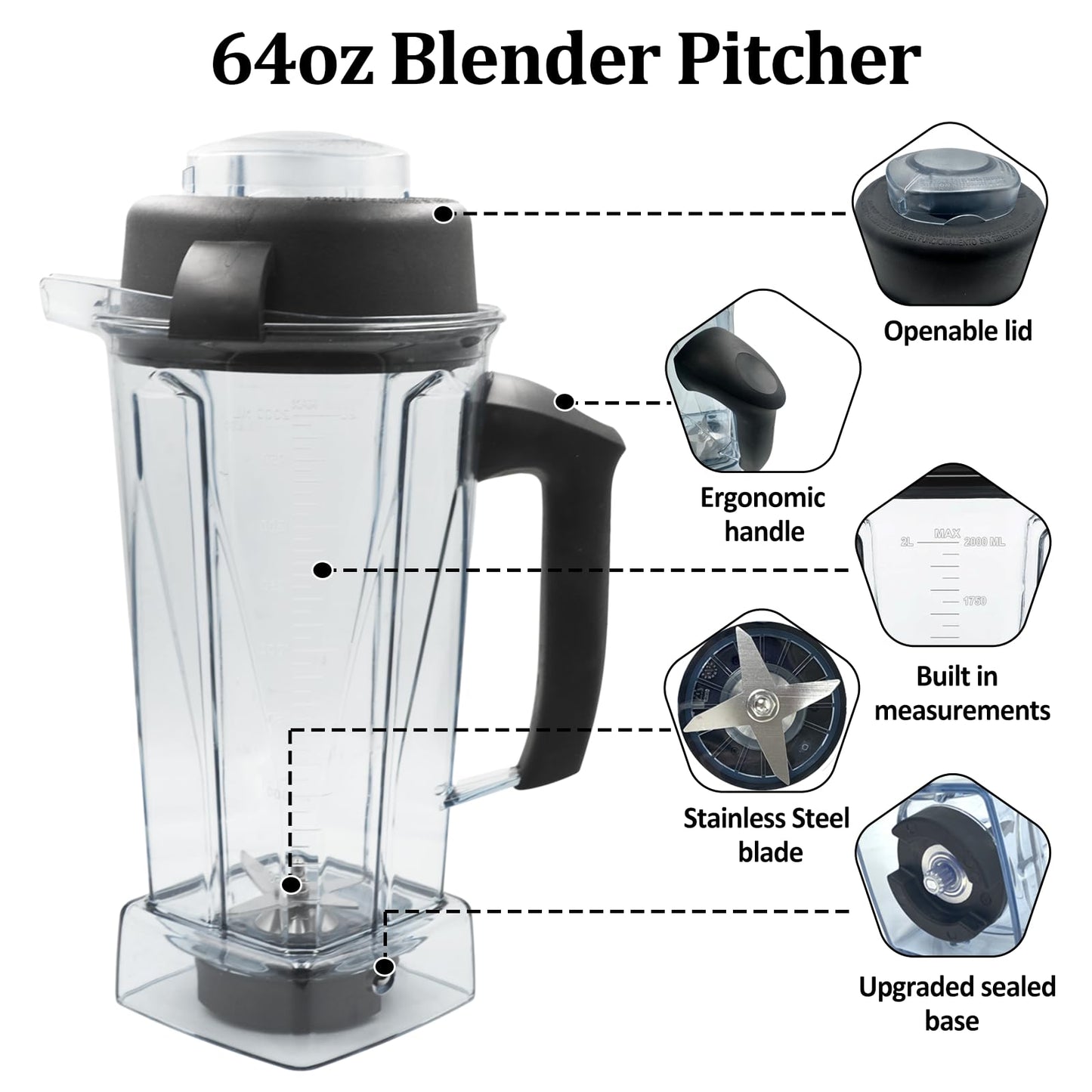 Blender Pitcher 64oz Replacement Container Cup for 5200,6000,6300,5300,6500,7500,750,VM0102, VM0103, Classic C-Series/G-Series/Propel/Professional Series, 2-year full warranty