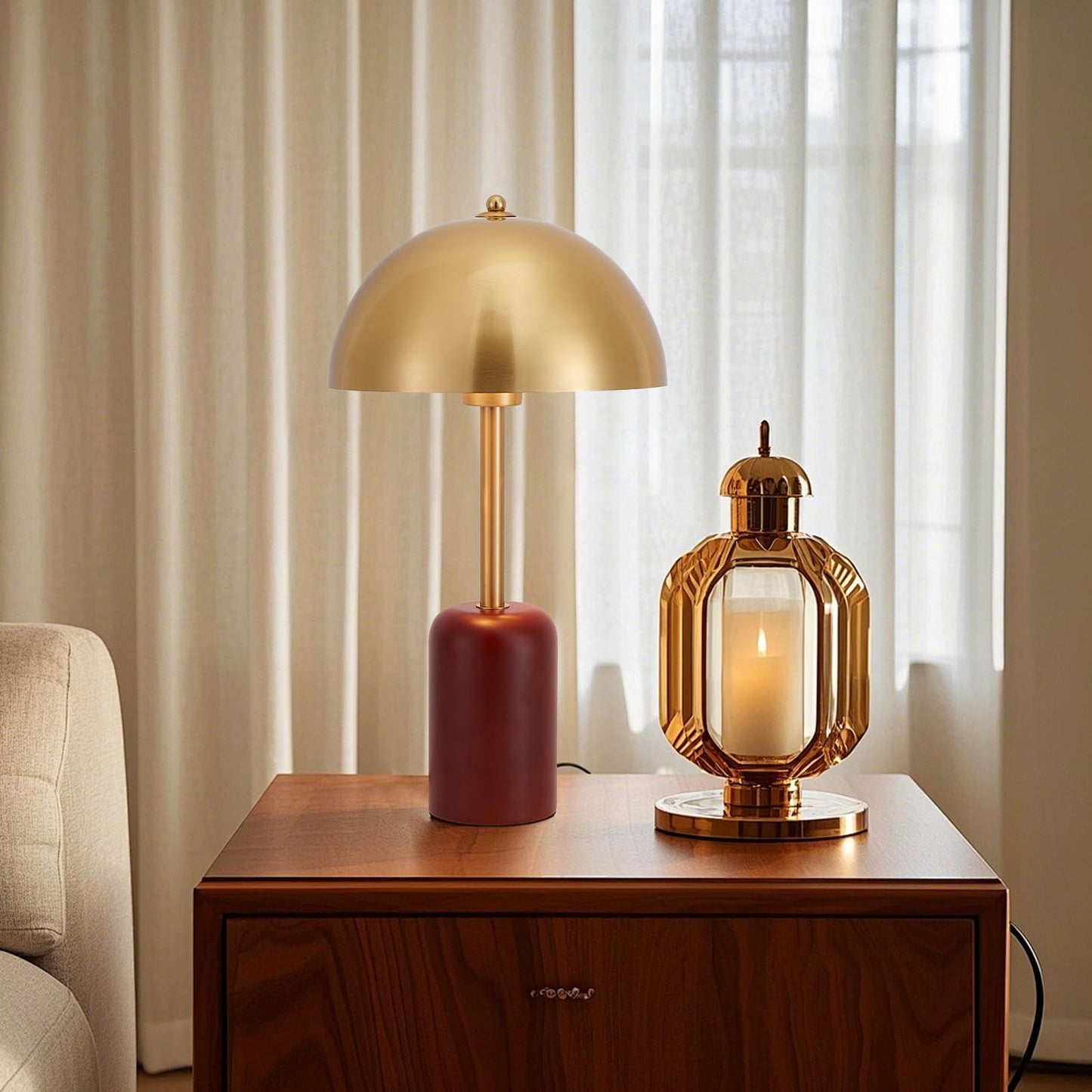 NUSRAN Bedside Table Lamp for Bedroom, Modern Plug in Brass Gold Shade & Cylindrical Wood Base Desk Lamp, Plug & Play Nightstand Lamp with Switch Power Cord for Living Room, Office 【Bulb Included】