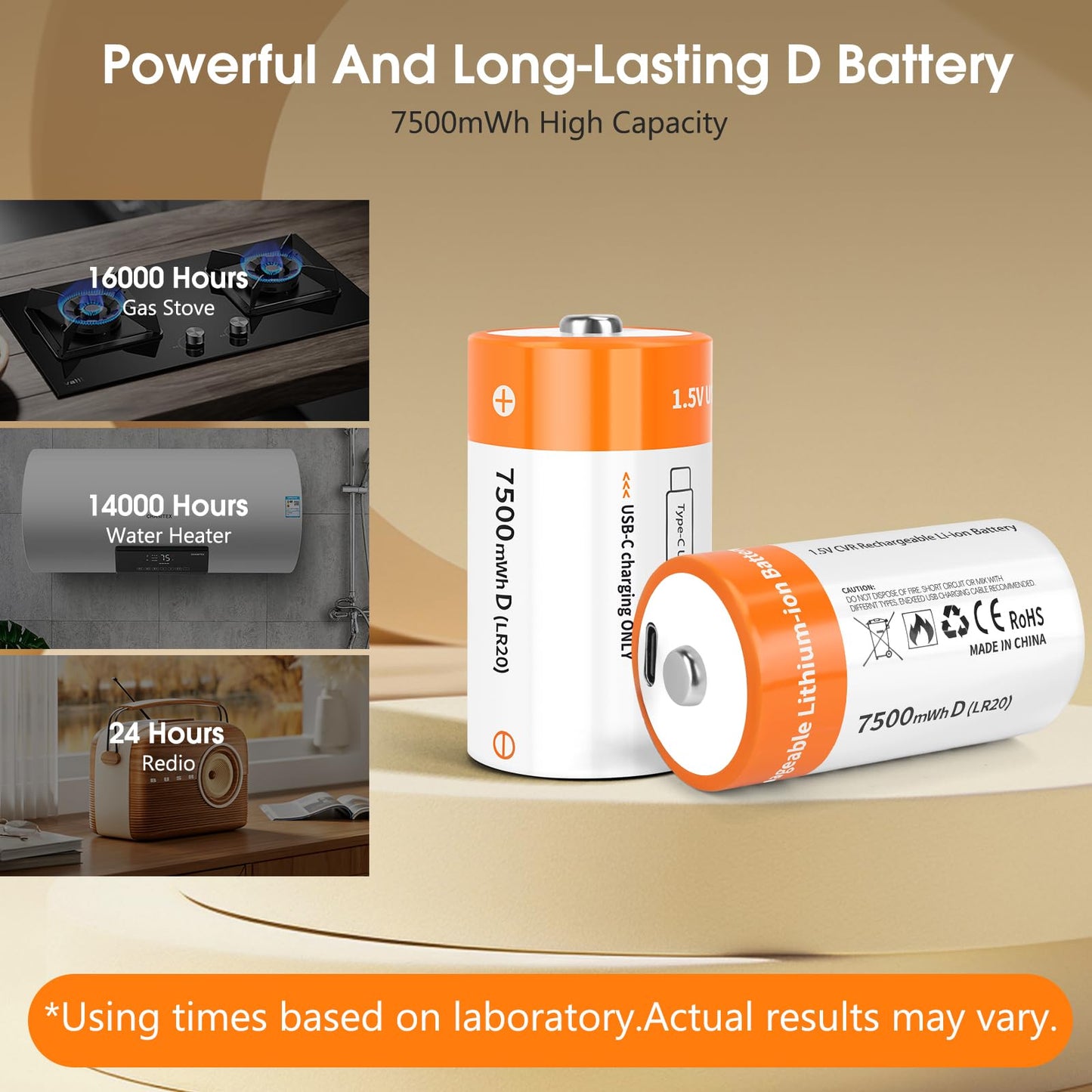 TEMIBATT Rechargeable D Batteries 8 Pack, 1.5V 7500mWh Lithium D Battery with USB-C Charging Cable, Long-Last for Flashlight, Toys, Floodlights & More