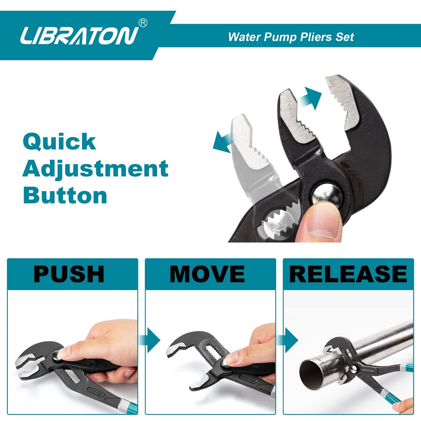 Libraton Water Pump Pliers, Groove Joint Pliers Set, V-Jaw Tongue and Groove Pliers in CR-V Steel, 7 10 12Inch Plumbing Pliers, Adjustable Pliers, Ratcheting Push Button Adjustment Mechanism