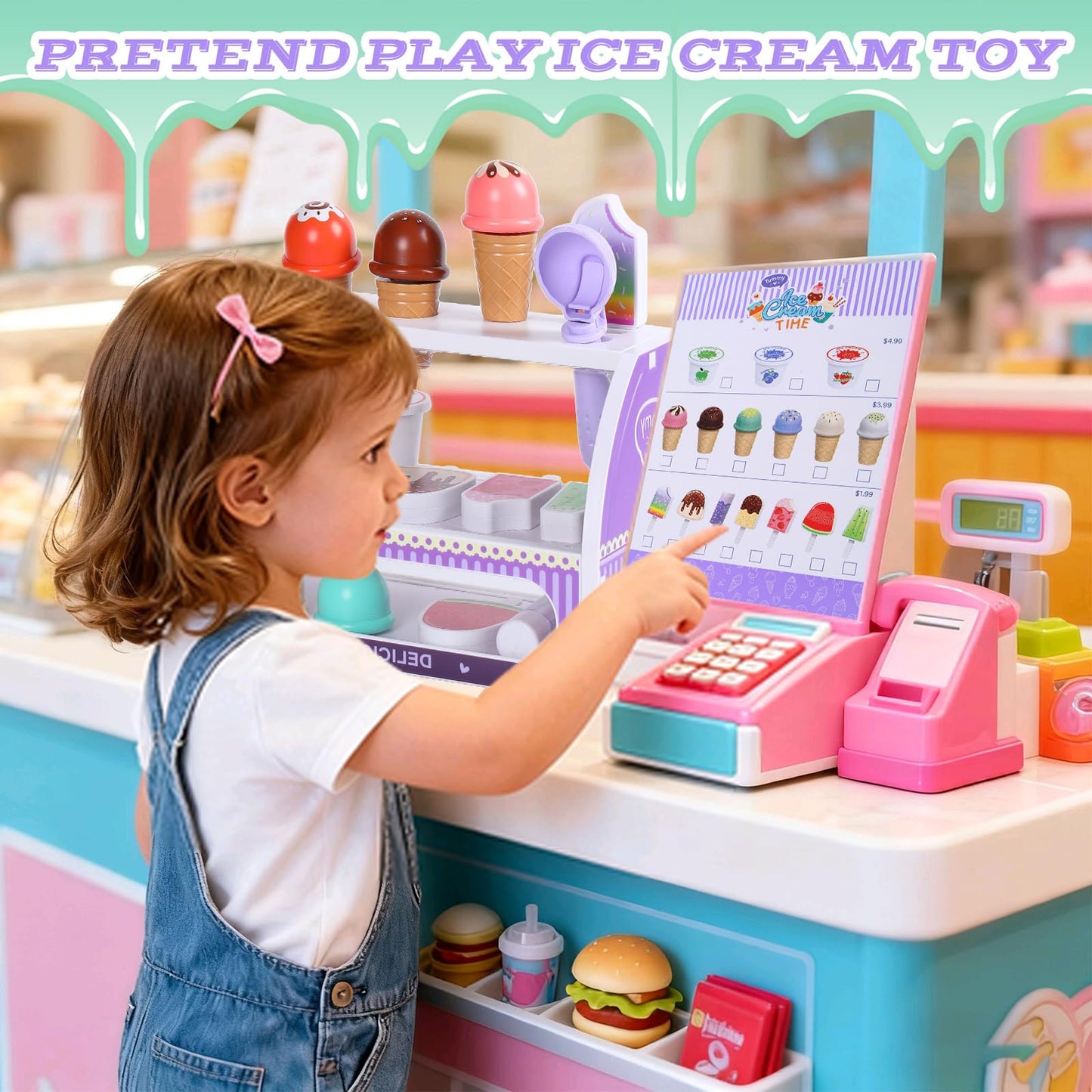 FENYAN - Ice Cream Set, Play Tent for Kids Ages 3-5, Assorted Flavors, Ice Cream Shop with Menu and Fake Money, Preschool Ice Cream Toys for Kids Age 3-8, Gift from